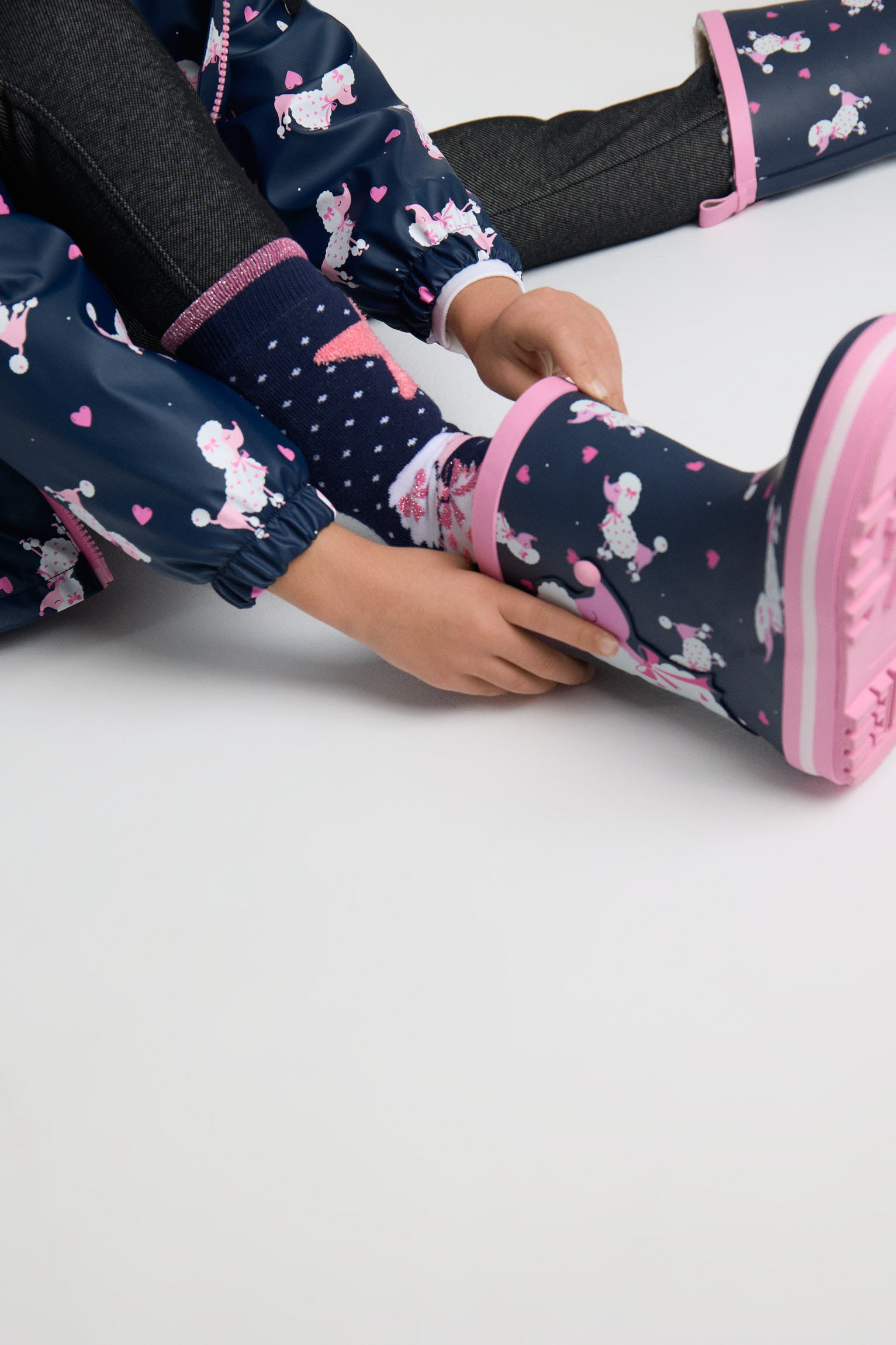 Girls' poodle-print wellington boots with sherpa lining