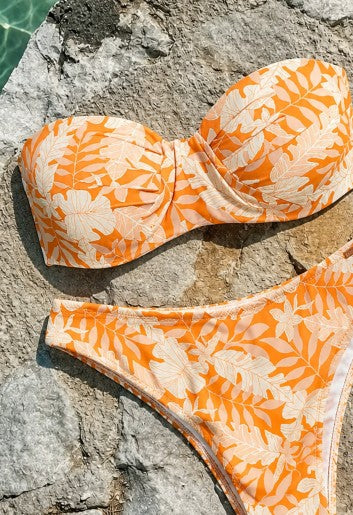 Yellow micropiqué leaf bandeau bikini top, cup B