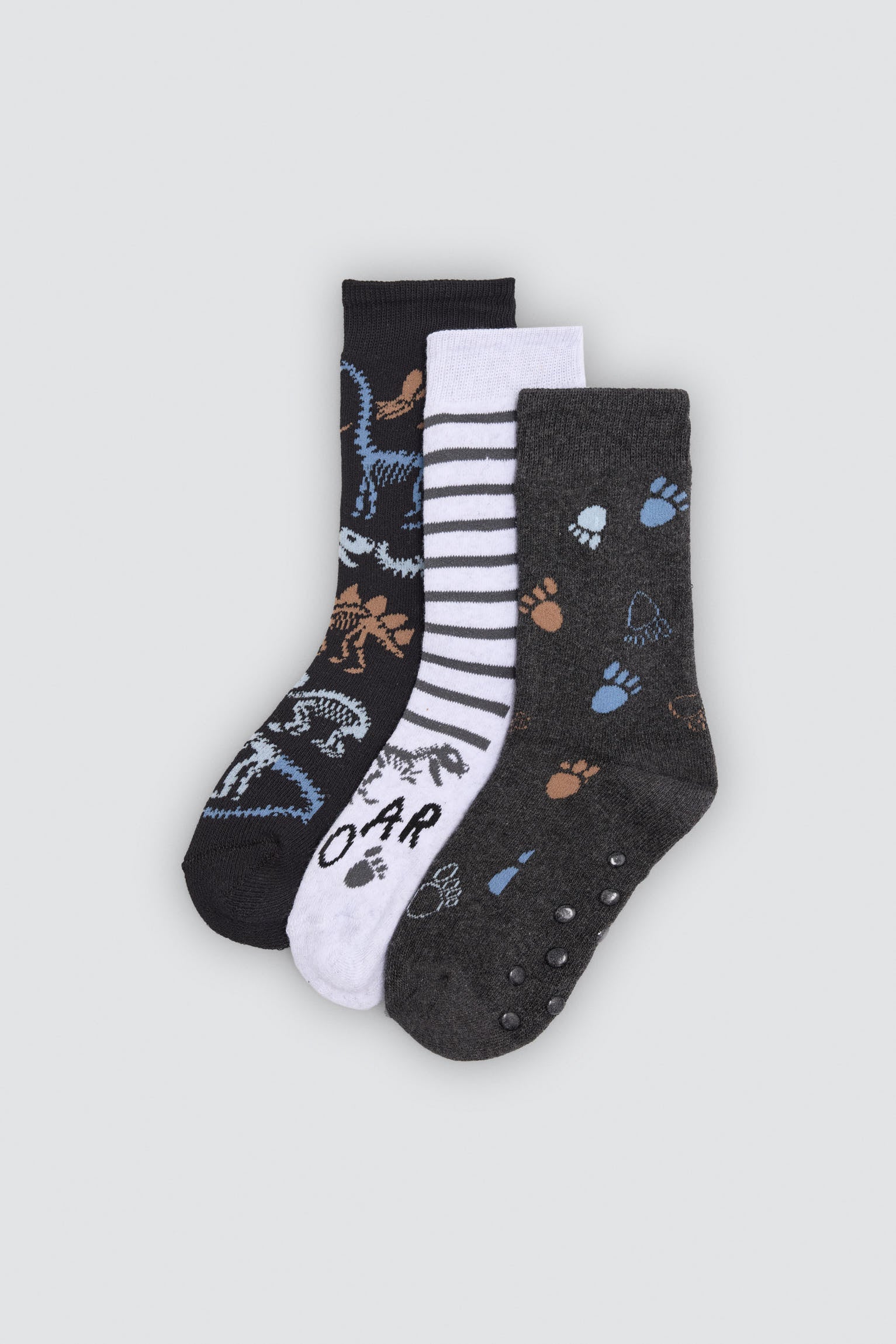 Pack of 3 boys' thermal non-slip socks with dinosaur and footprint prints
