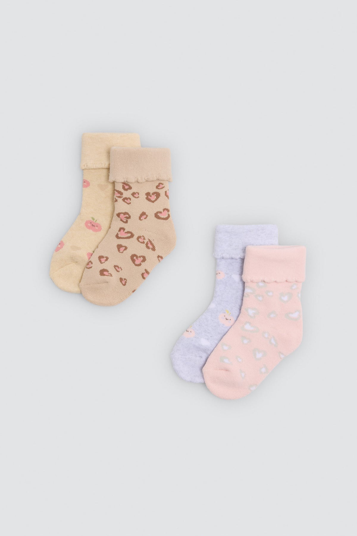 Pack of 4 baby thermal turn-cuff socks with fruit and heart prints