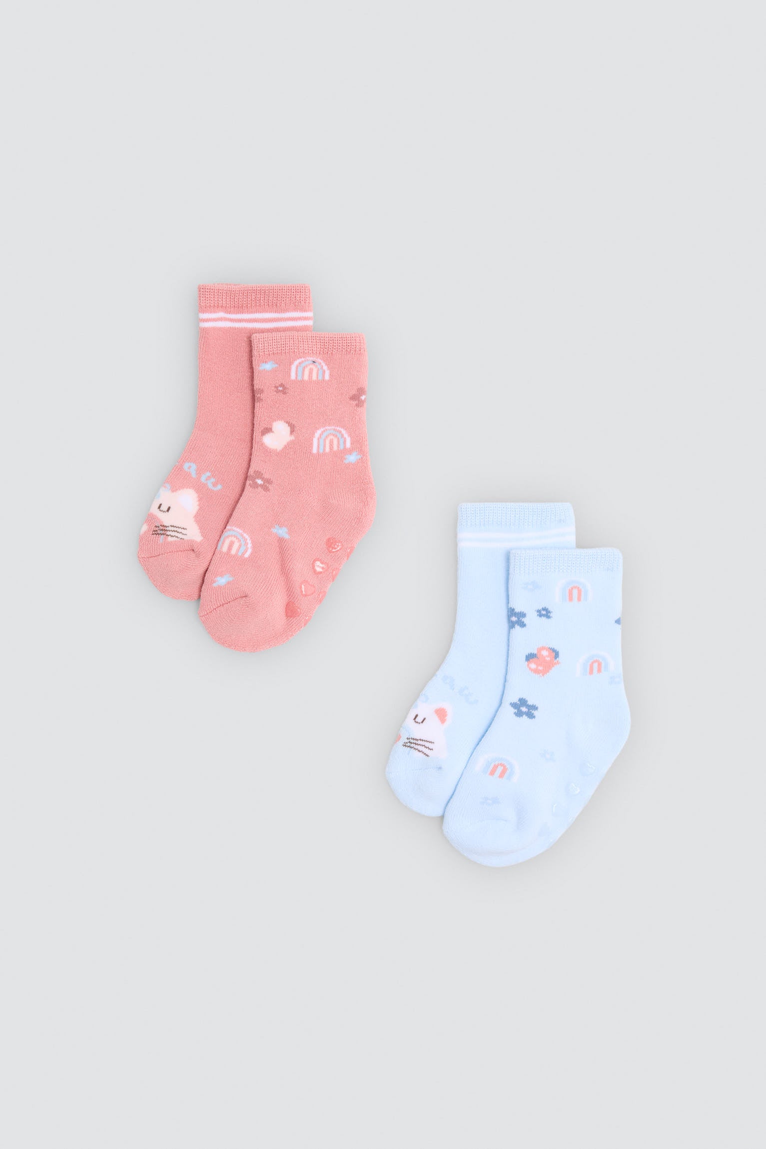 Pack of 2 baby thermal non-slip socks with cat and rainbow prints