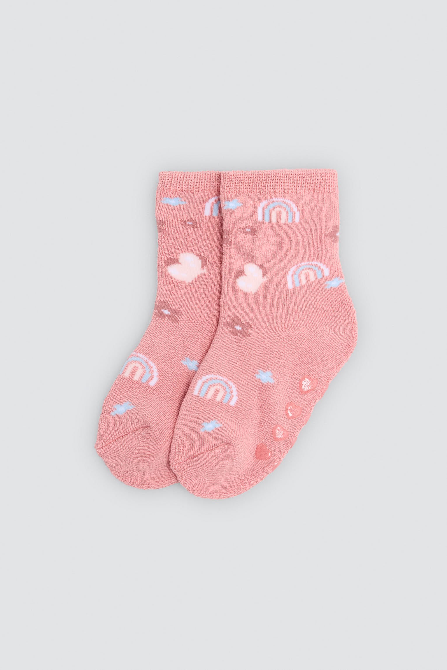 Pack of 2 baby thermal non-slip socks with cat and rainbow prints