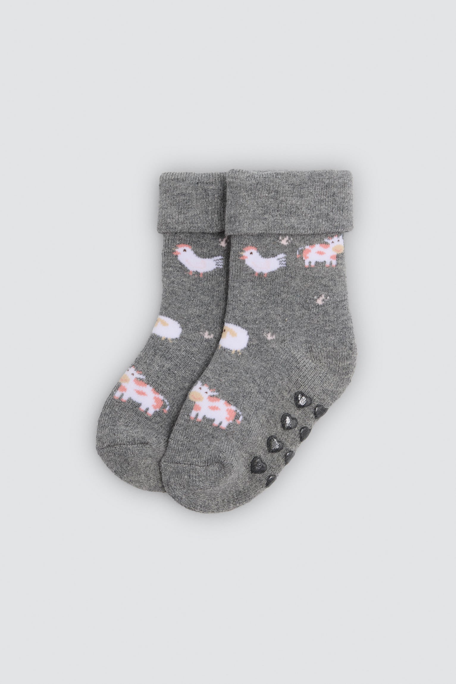 Pack of 4 baby thermal non-slip double-cuff socks with cow and duck prints