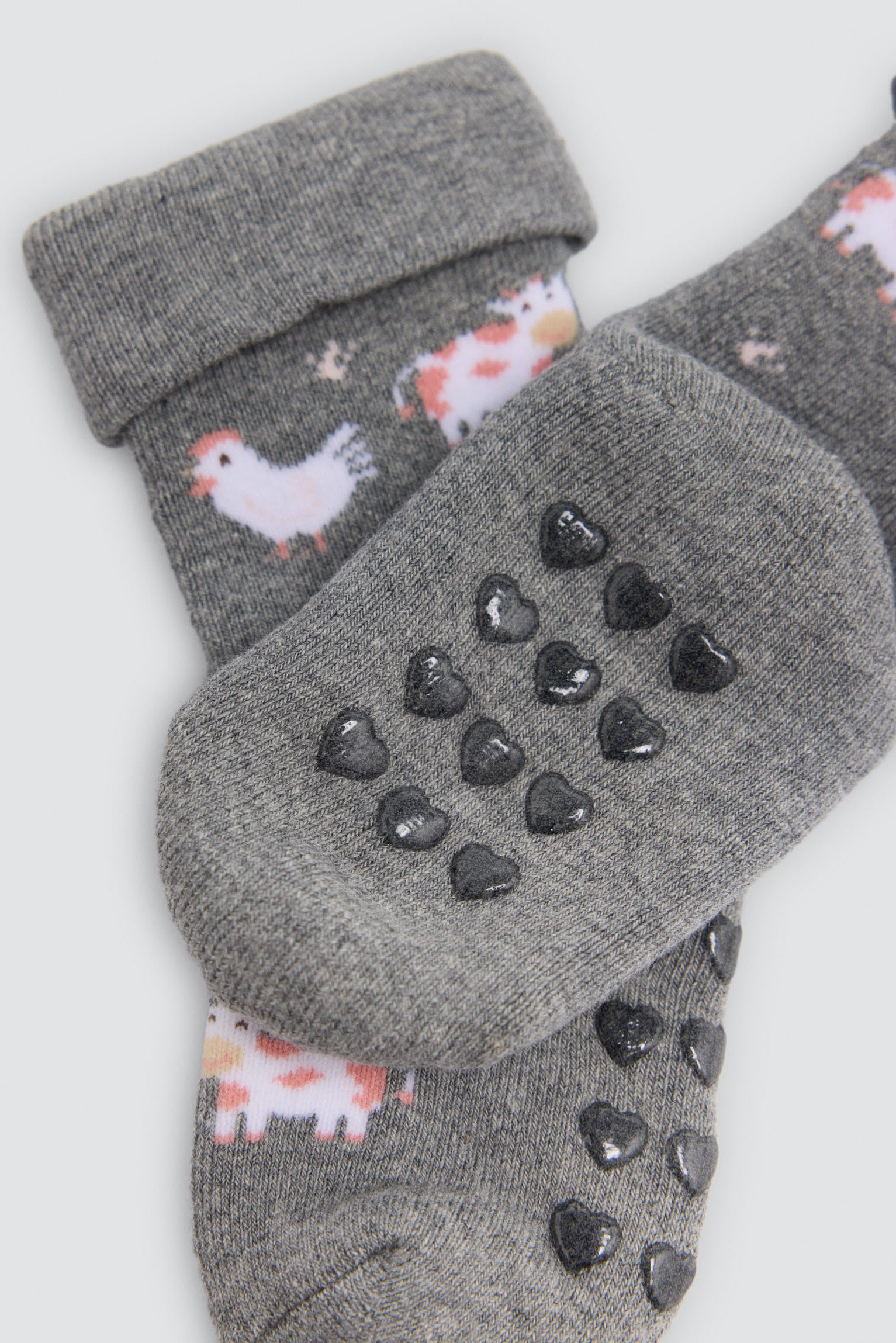 Pack of 4 baby thermal non-slip double-cuff socks with cow and duck prints