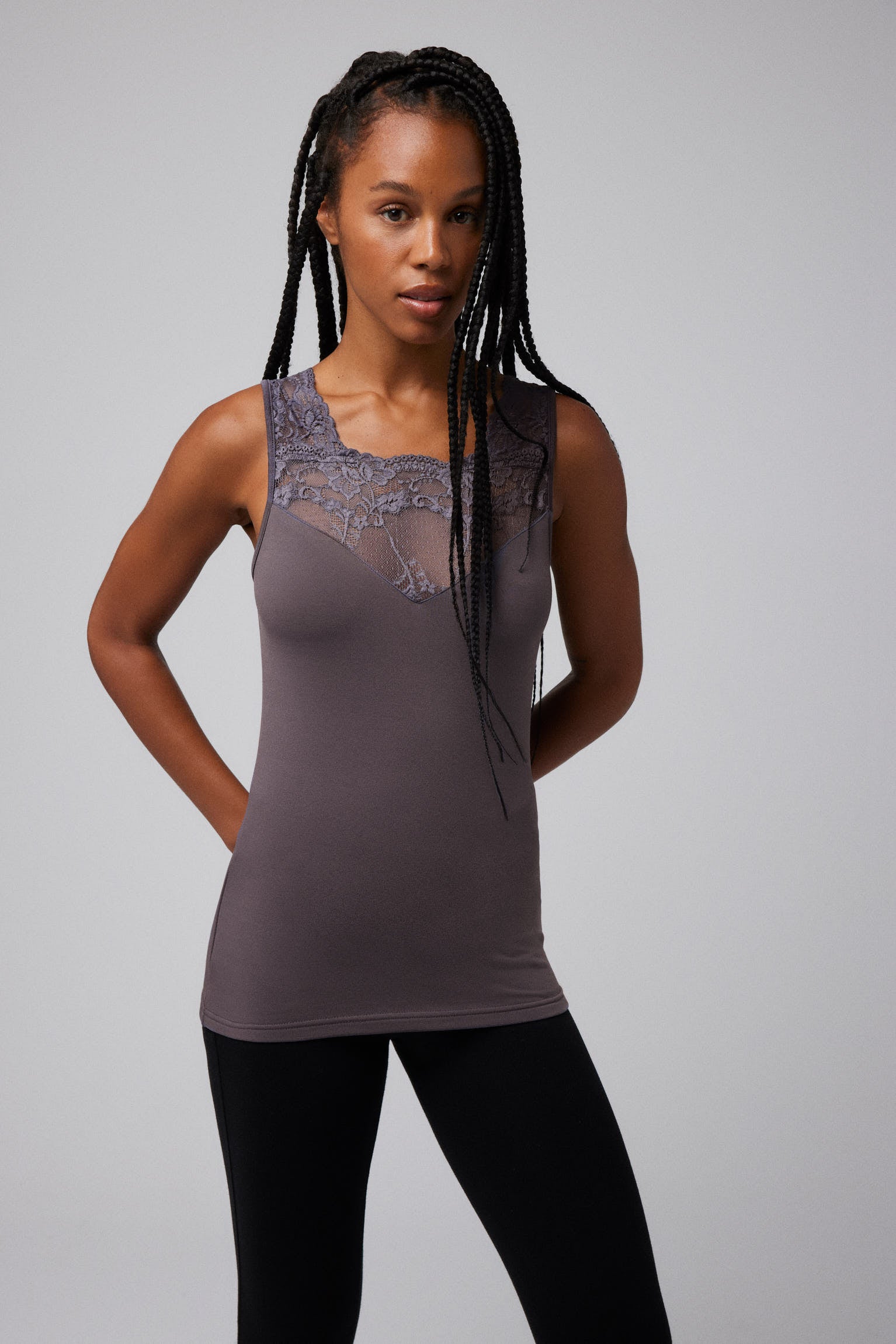 Charcoal sleeveless lace thermal T-shirt
