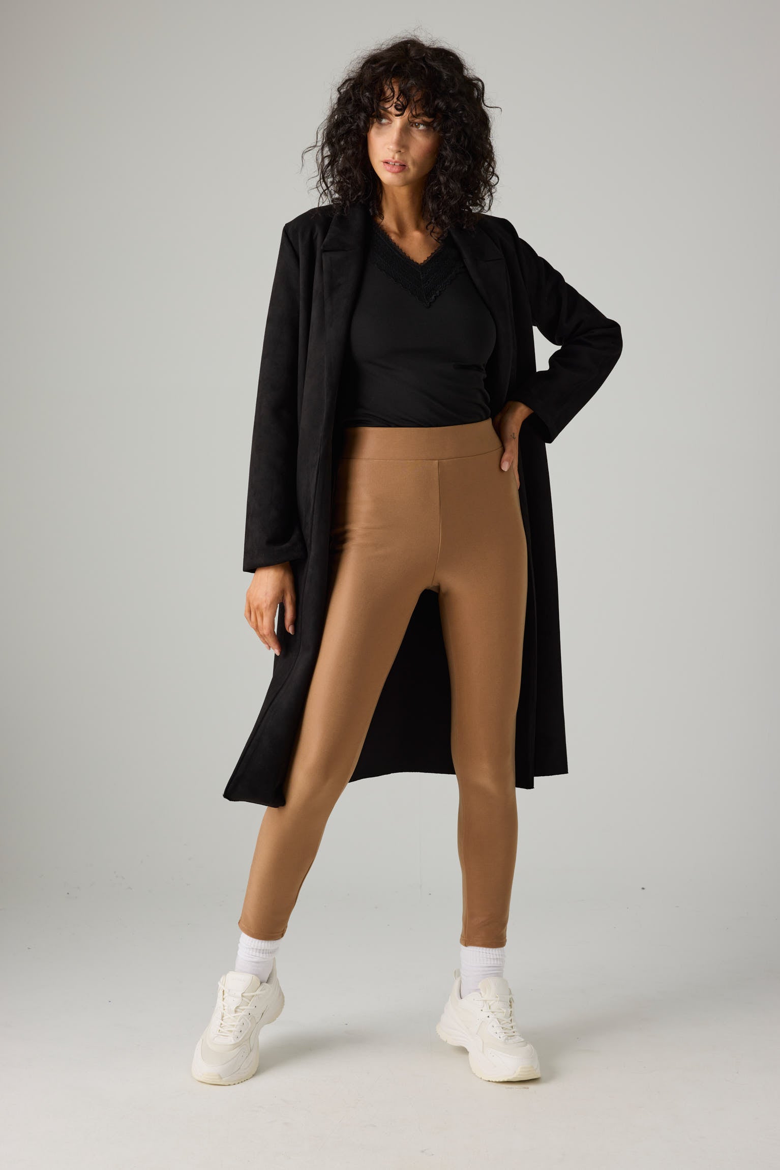 Camel leather effect thermal leggings - Main Image