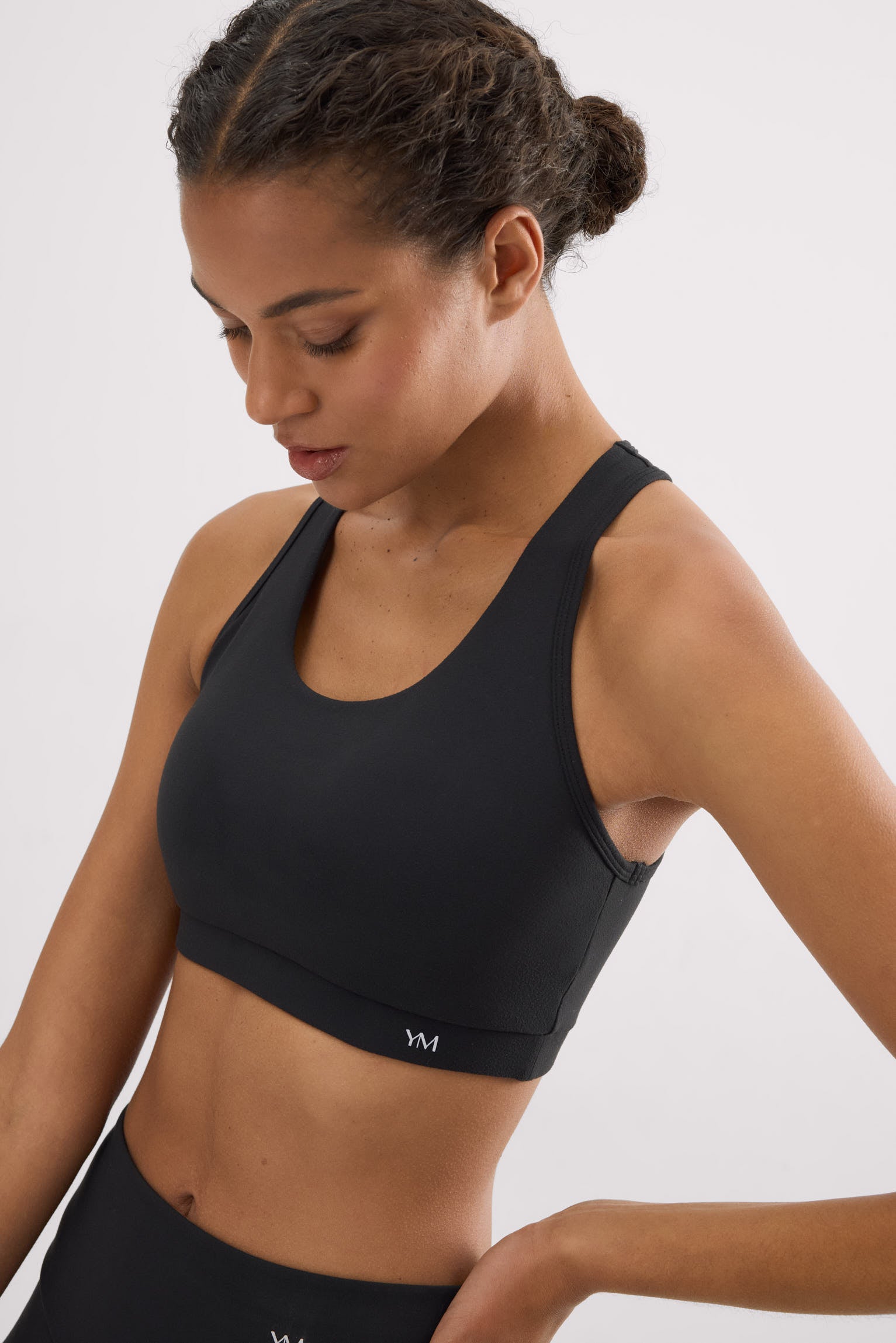 Black cotton-feel color block sports bra