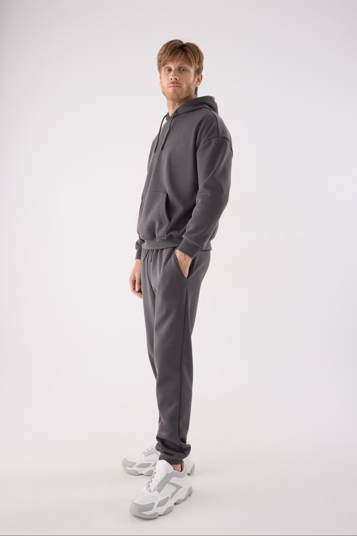 Men's charcoal fleece joggers with adjustable waist