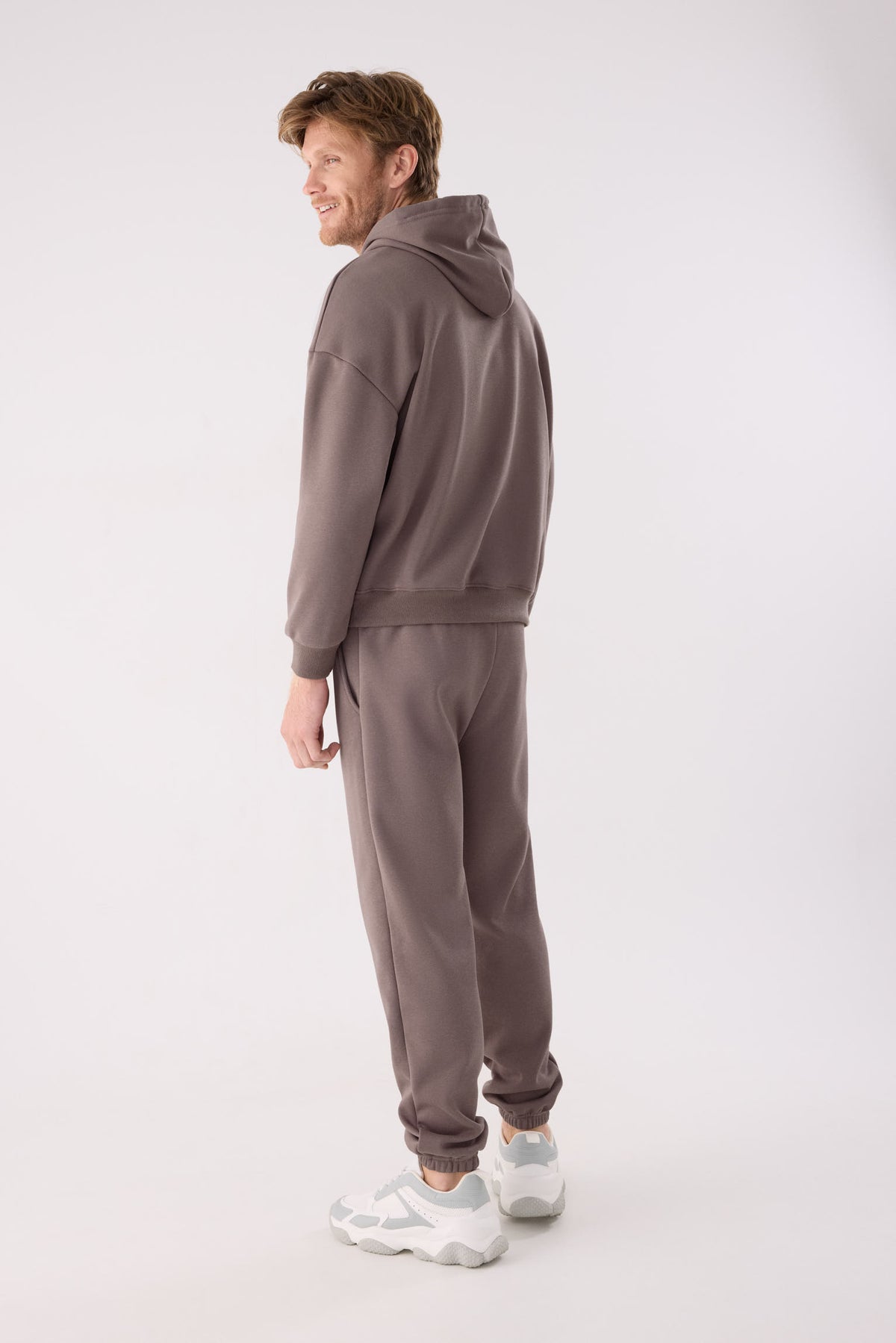 Men's brown fleece joggers with adjustable waist