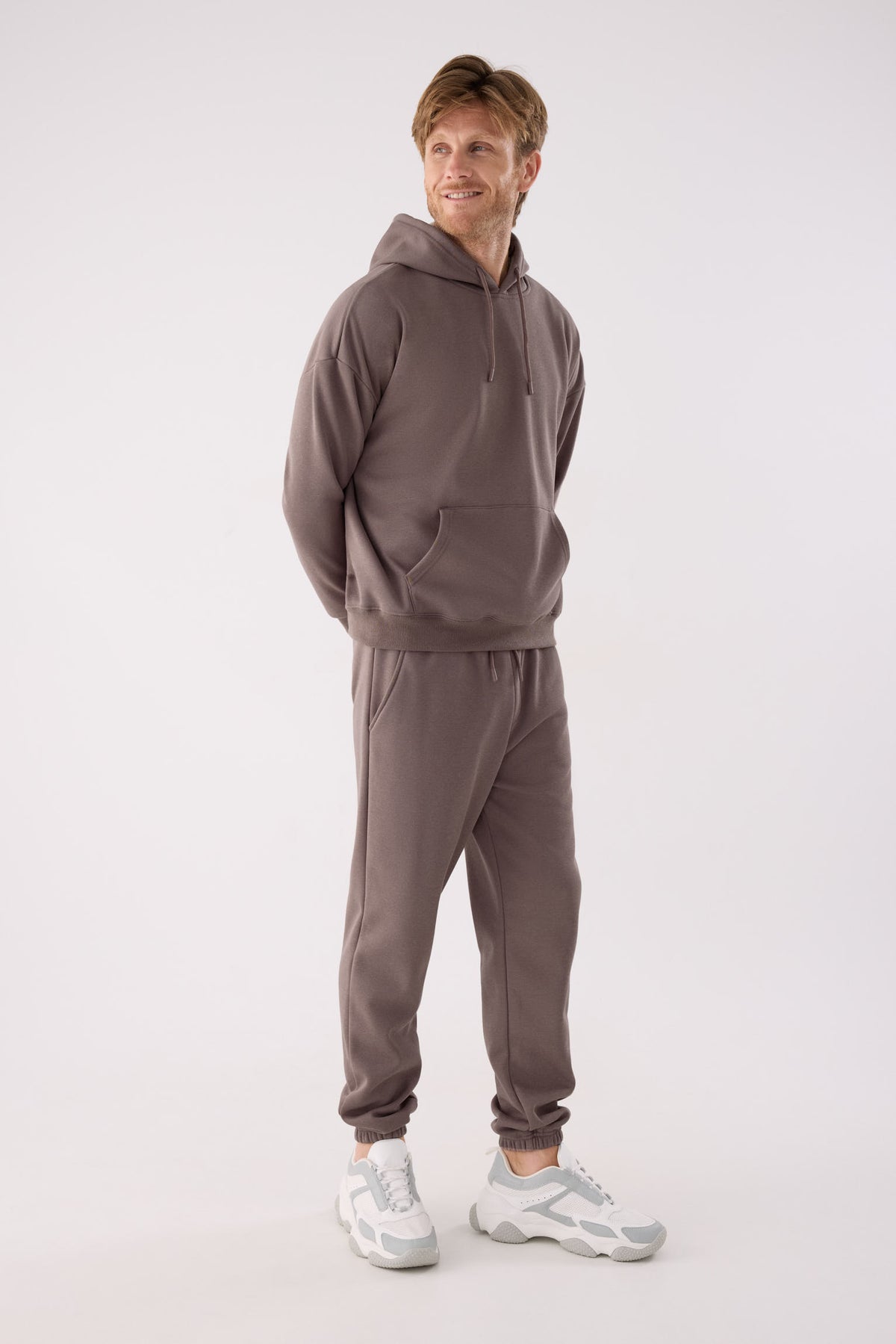 Men's brown fleece joggers with adjustable waist