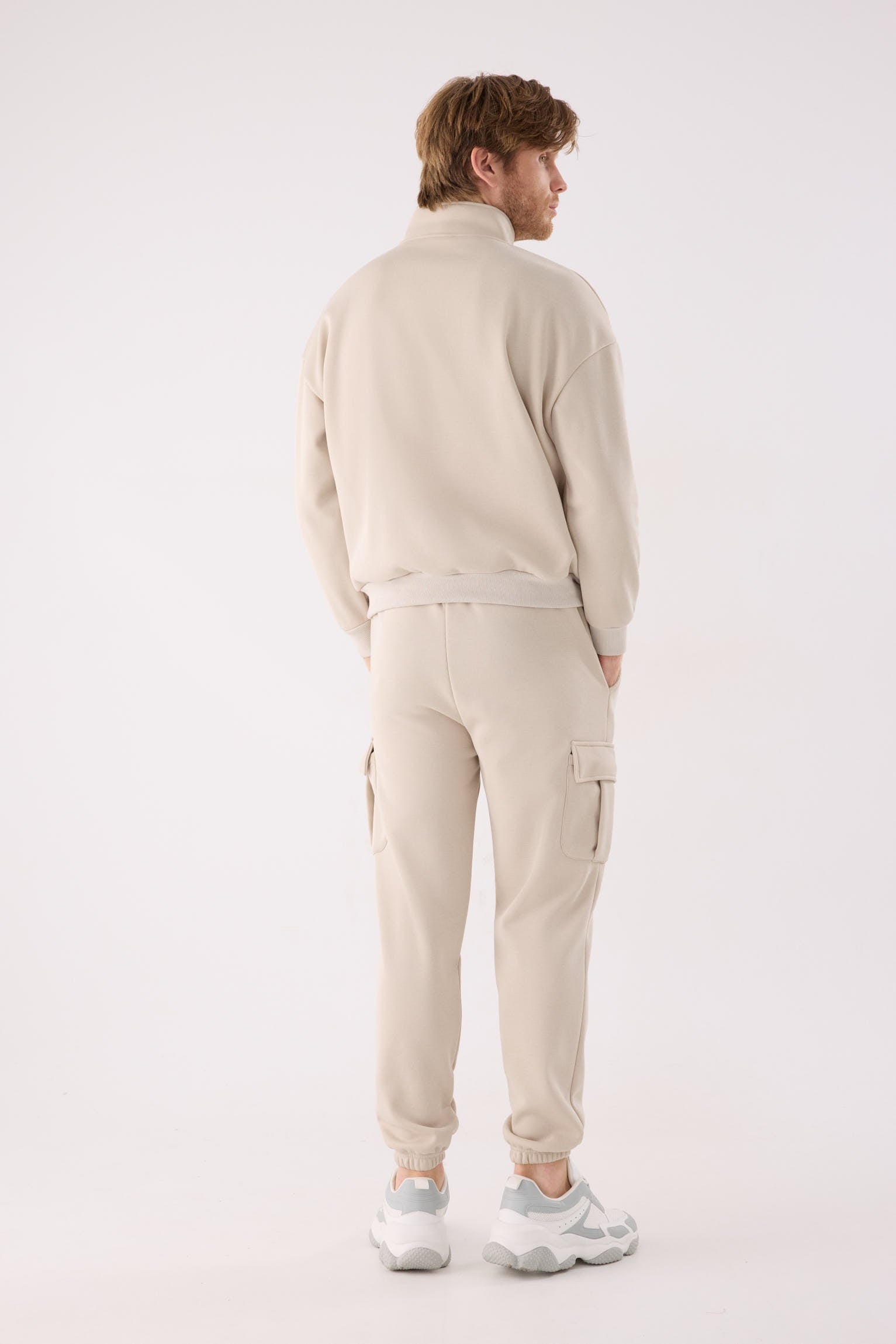 PRE-ORDER Men's beige fleece cargo joggers with adjustable waist