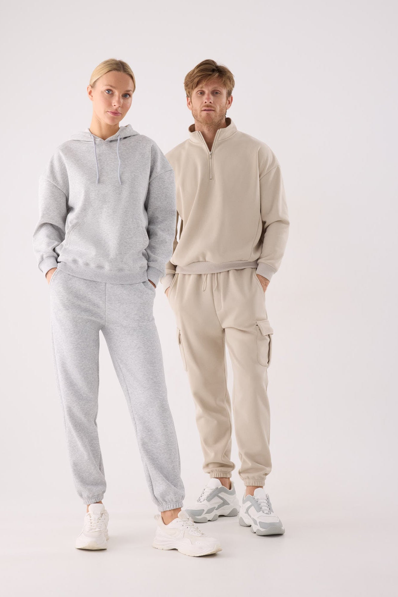 PRE-ORDER Men's beige fleece cargo joggers with adjustable waist