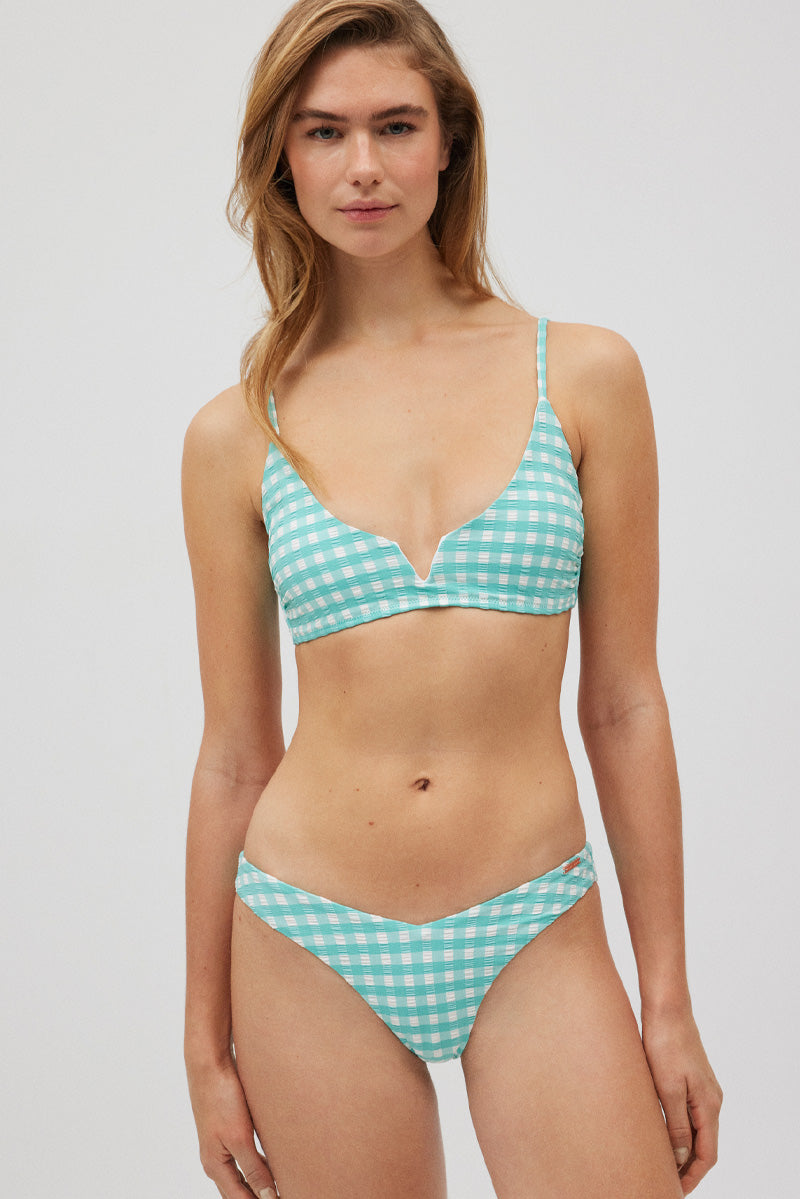 Gingham triangle bikini top with light blue texture