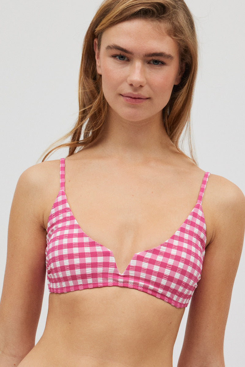 Gingham triangle bikini top with pink texture