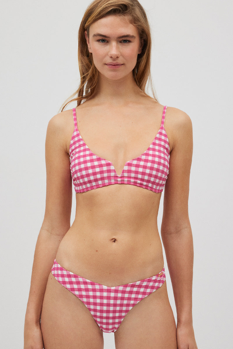 Gingham triangle bikini top with pink texture