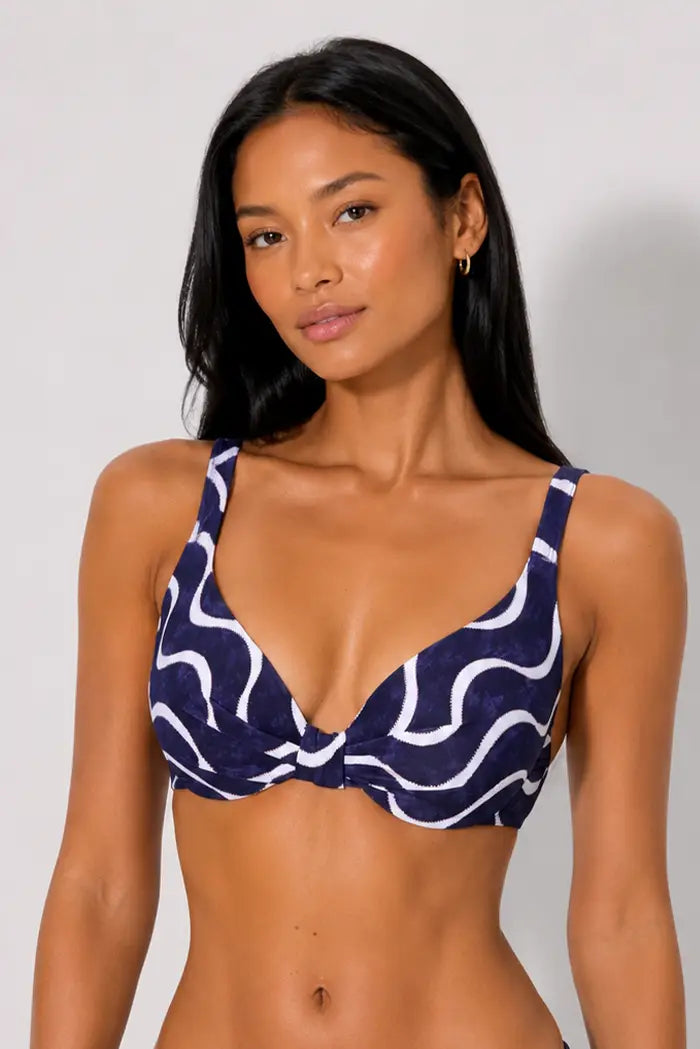 Navy wave print bikini top, cup B