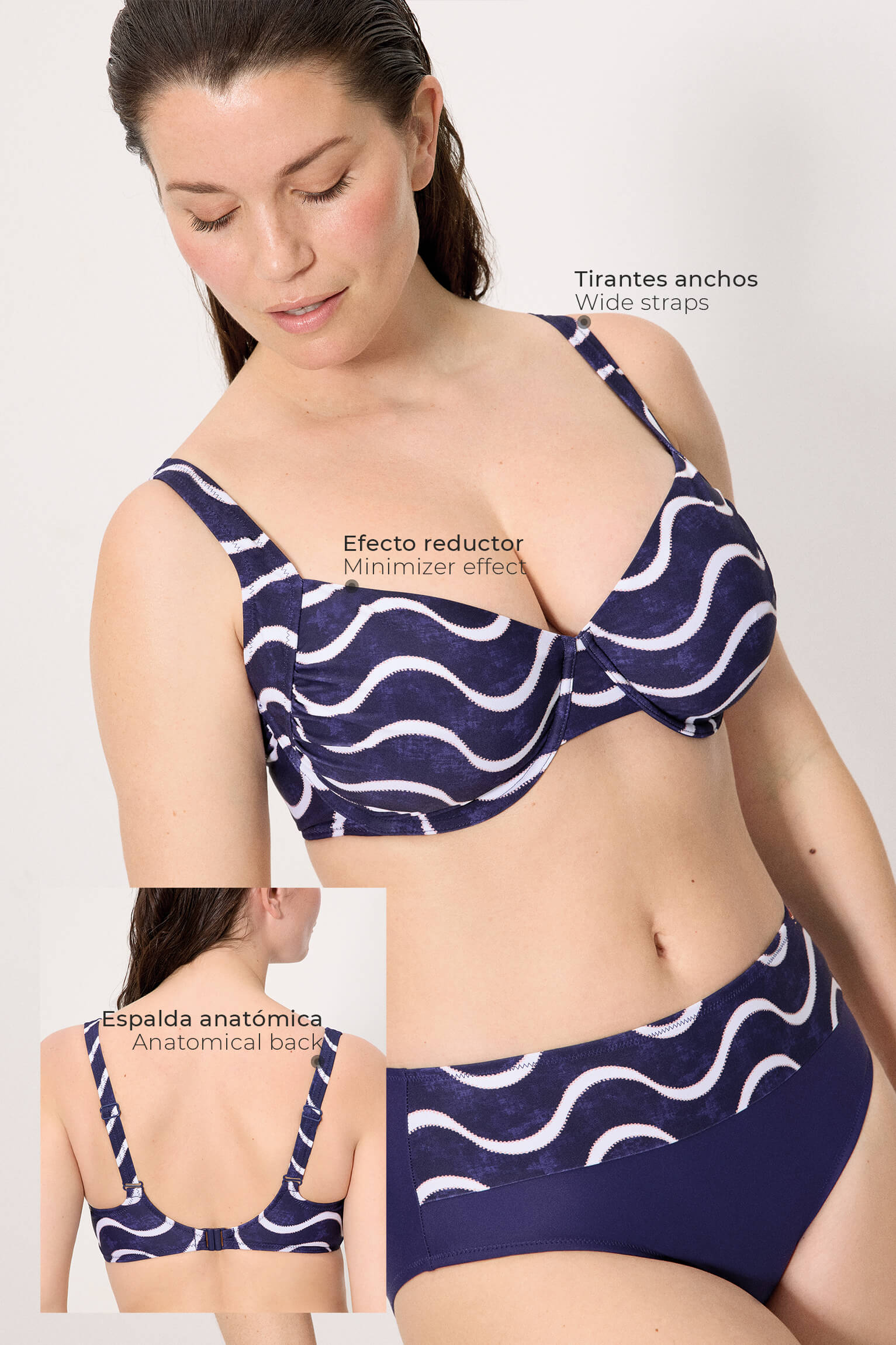 Slimming bikini top with a marine wave print, cup F