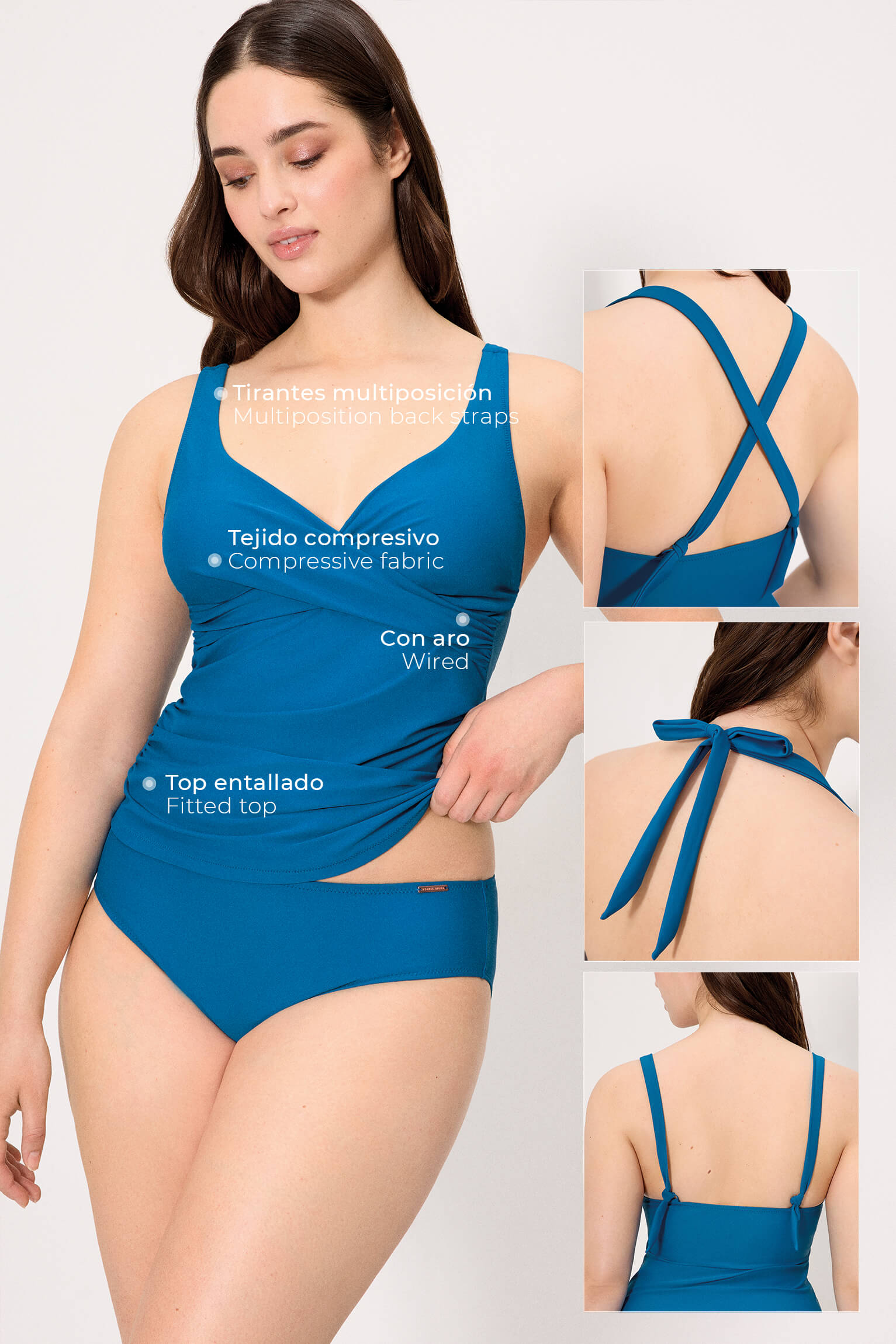 Blue tankini top with underwire and midi briefs, cup C