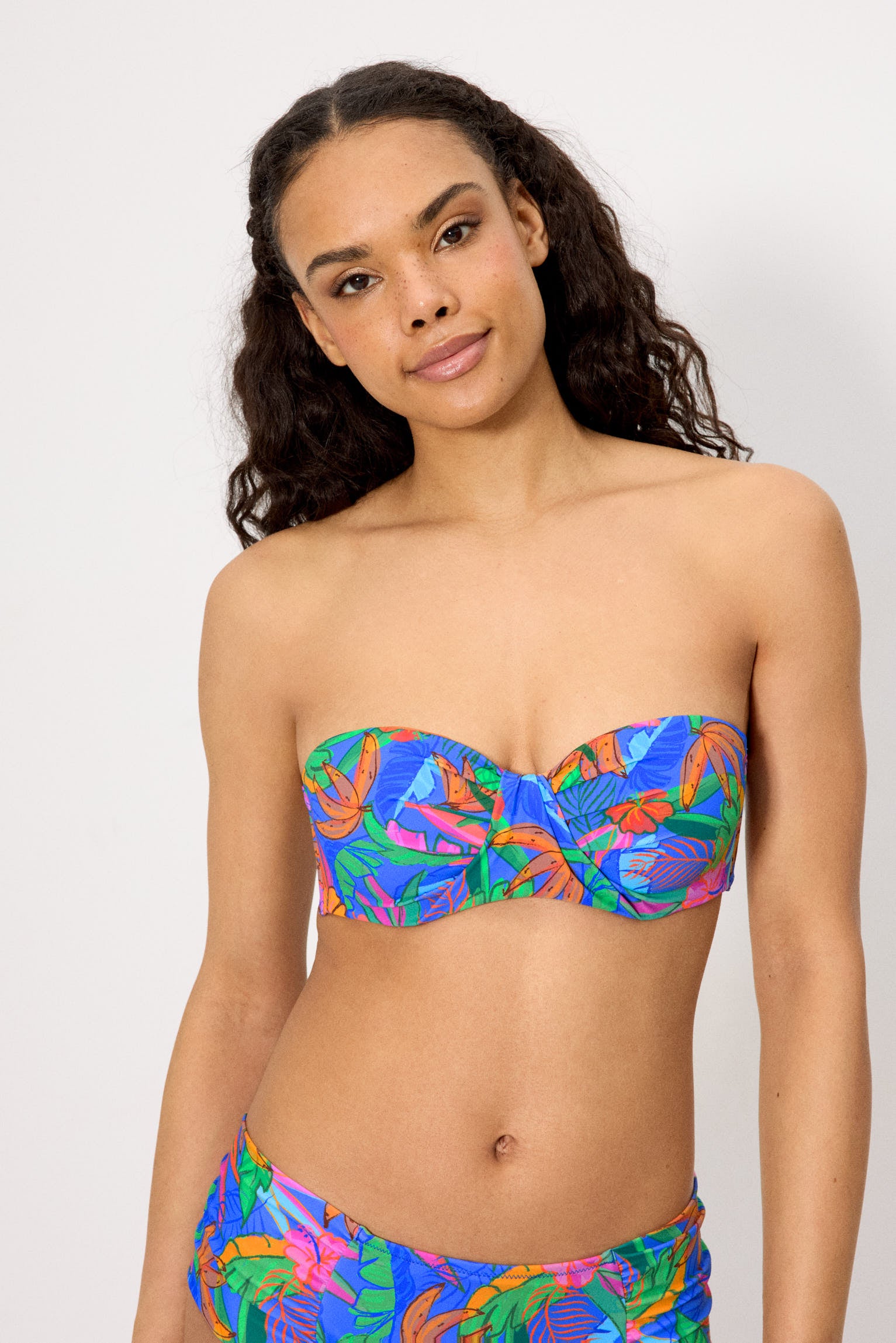 Tropical print bandeau bikini top C cup