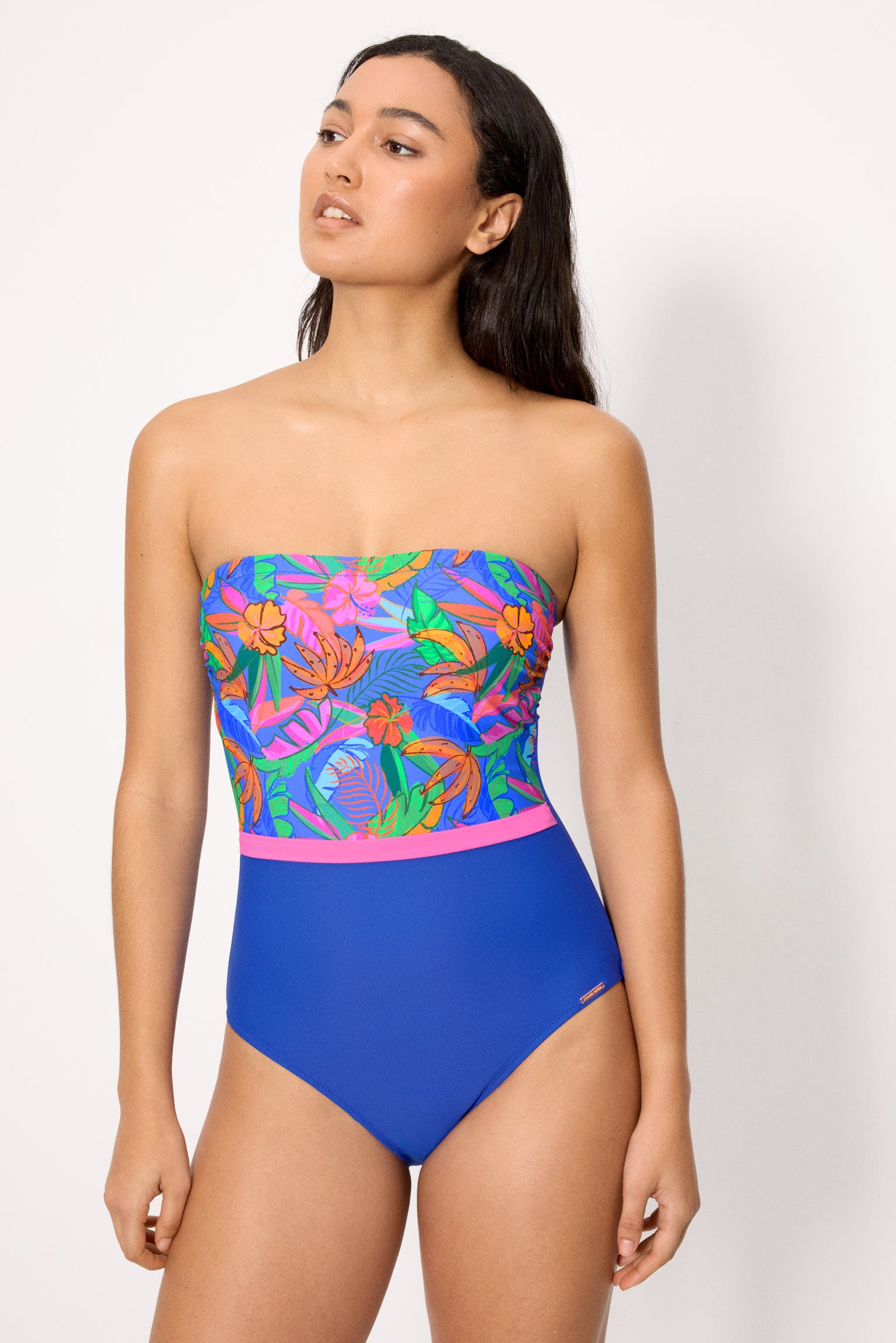 Tropical print bandeau slimming swimsuit, cup B