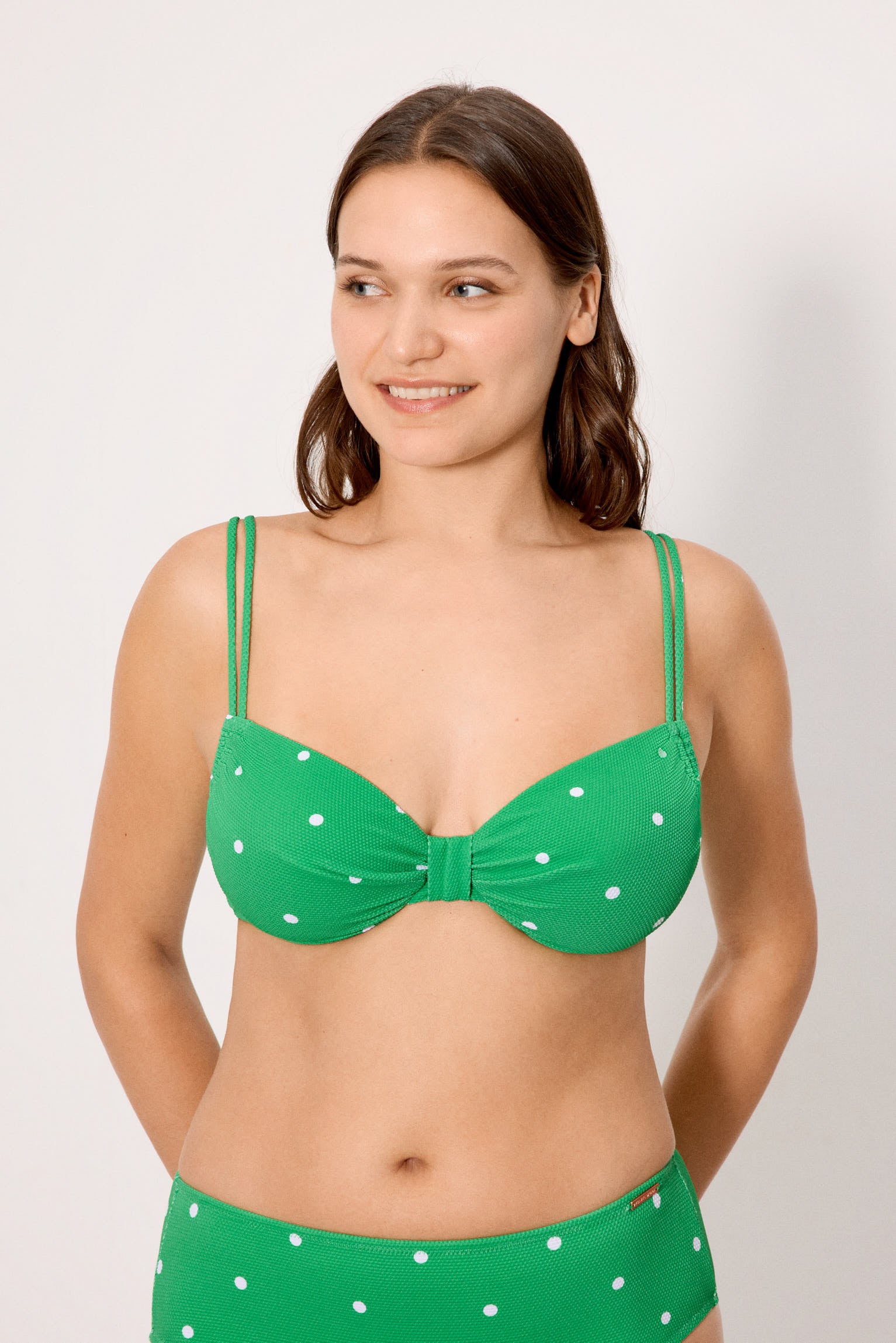 Green polka dot piqué bikini top, D cup