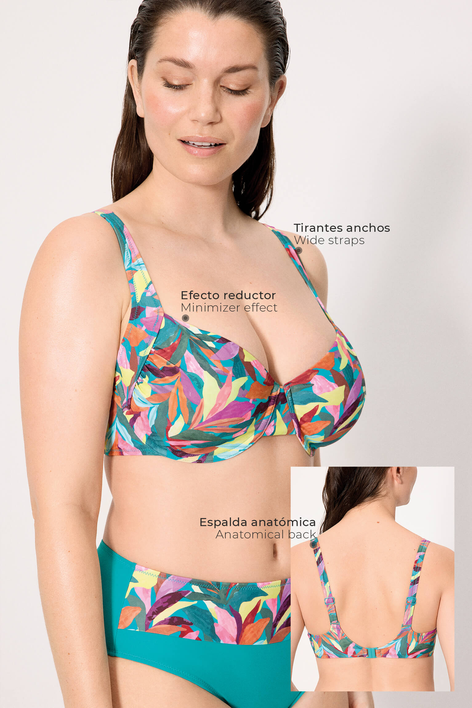 Top bikini reductor estampado hojas copas D y E - Ysabel Mora