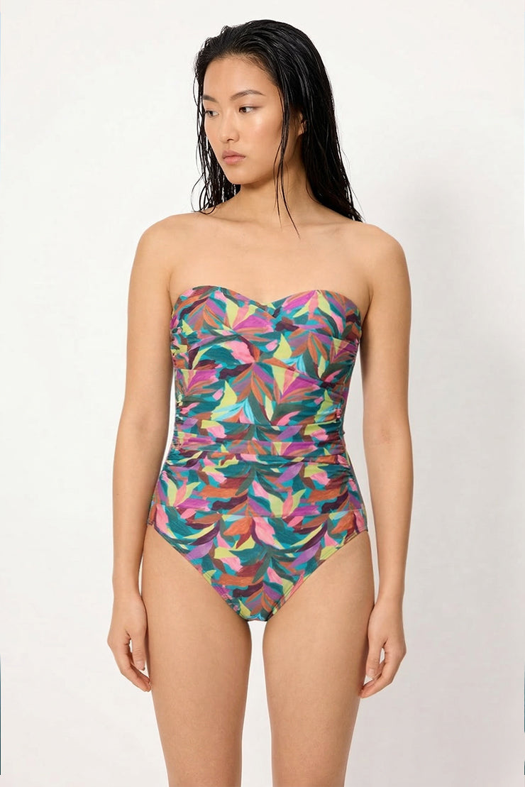 High compression bandeau slimming swimsuit with leaves, B cup