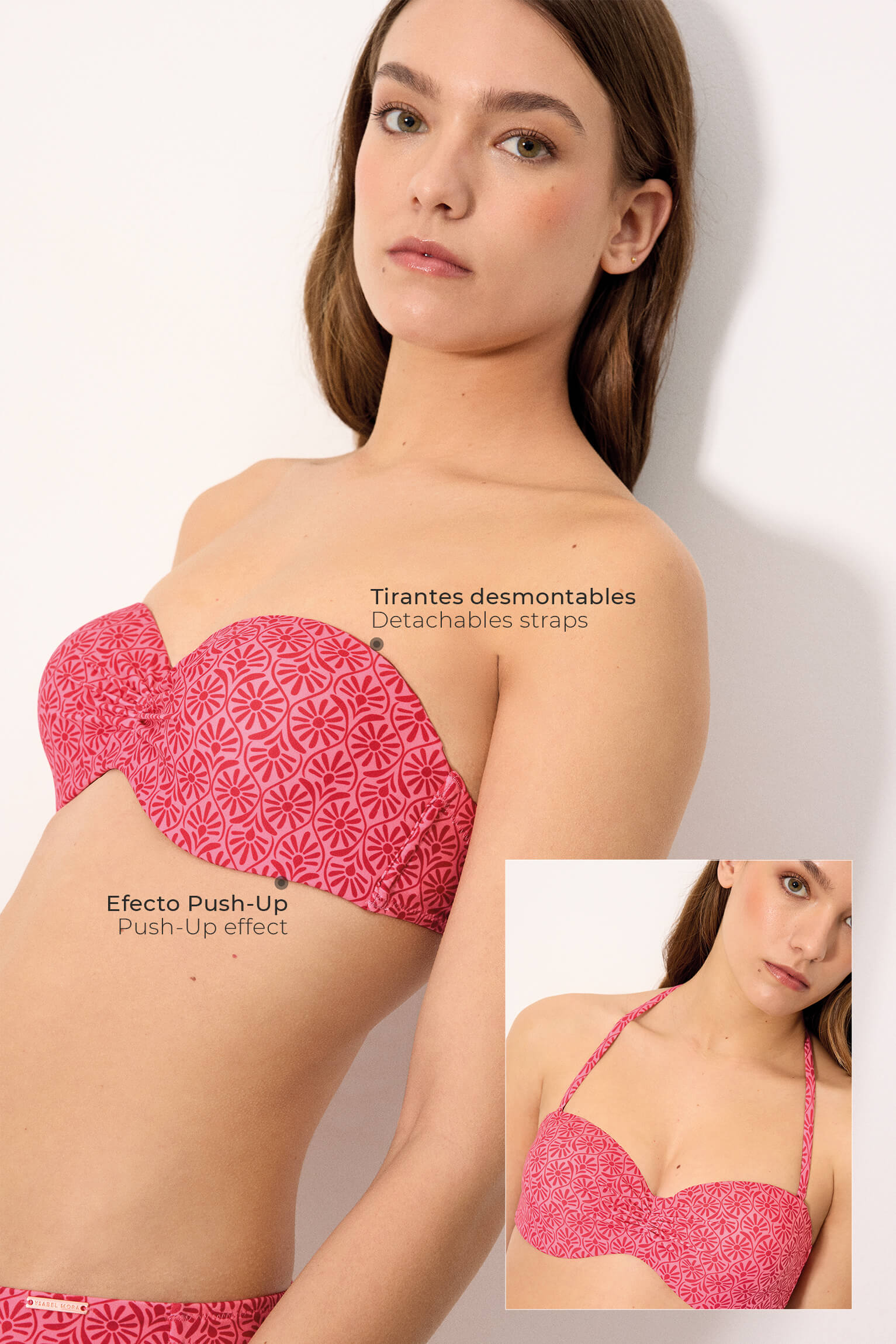 Pink and red floral push-up bandeau bikini top, cup B