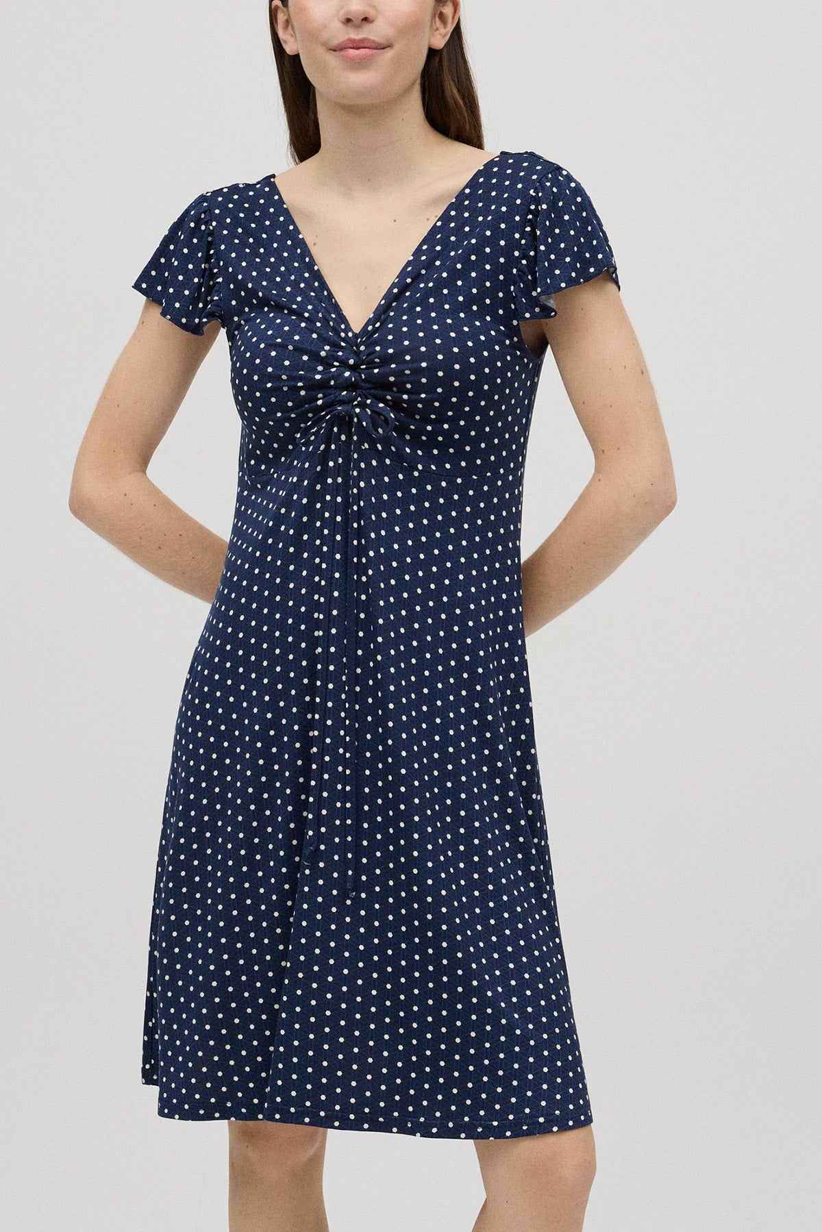 Short V-neck polka dot print dress