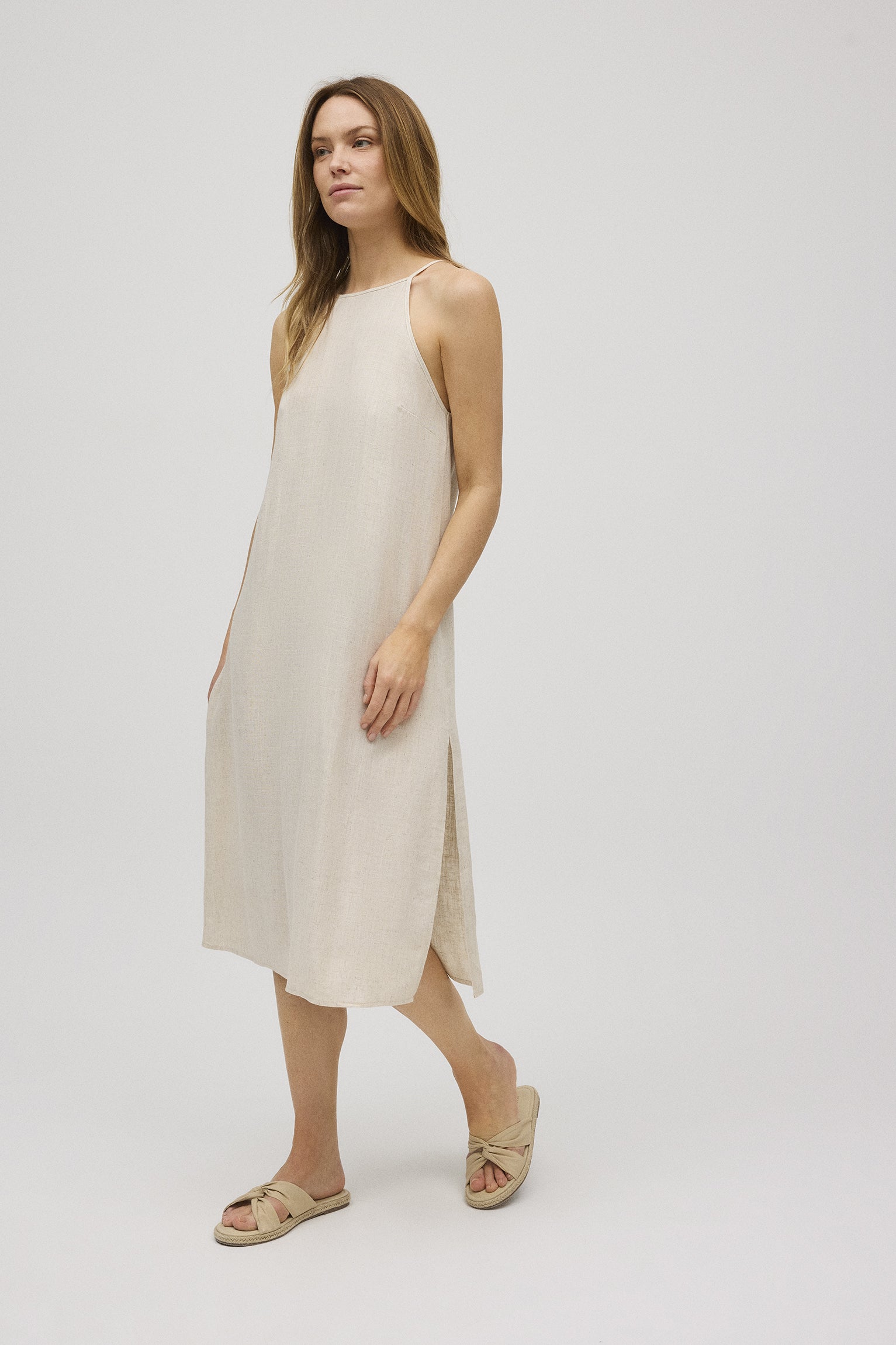 Straight midi dress with linen