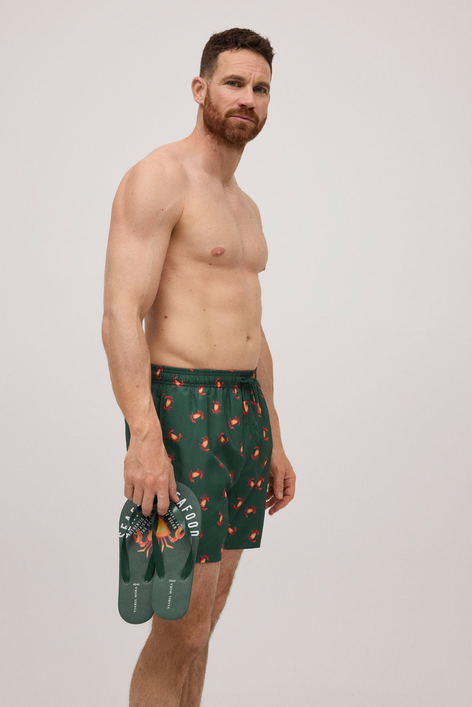 Khaki green seafood print flip flops