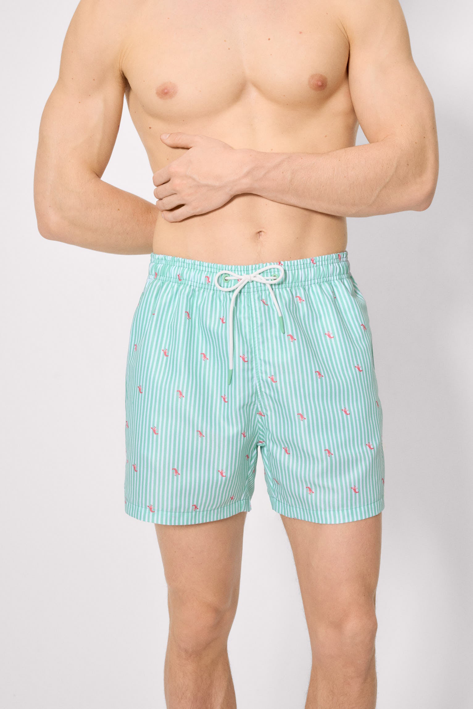 Green half-length swimsuit with striped print and mini lobsters