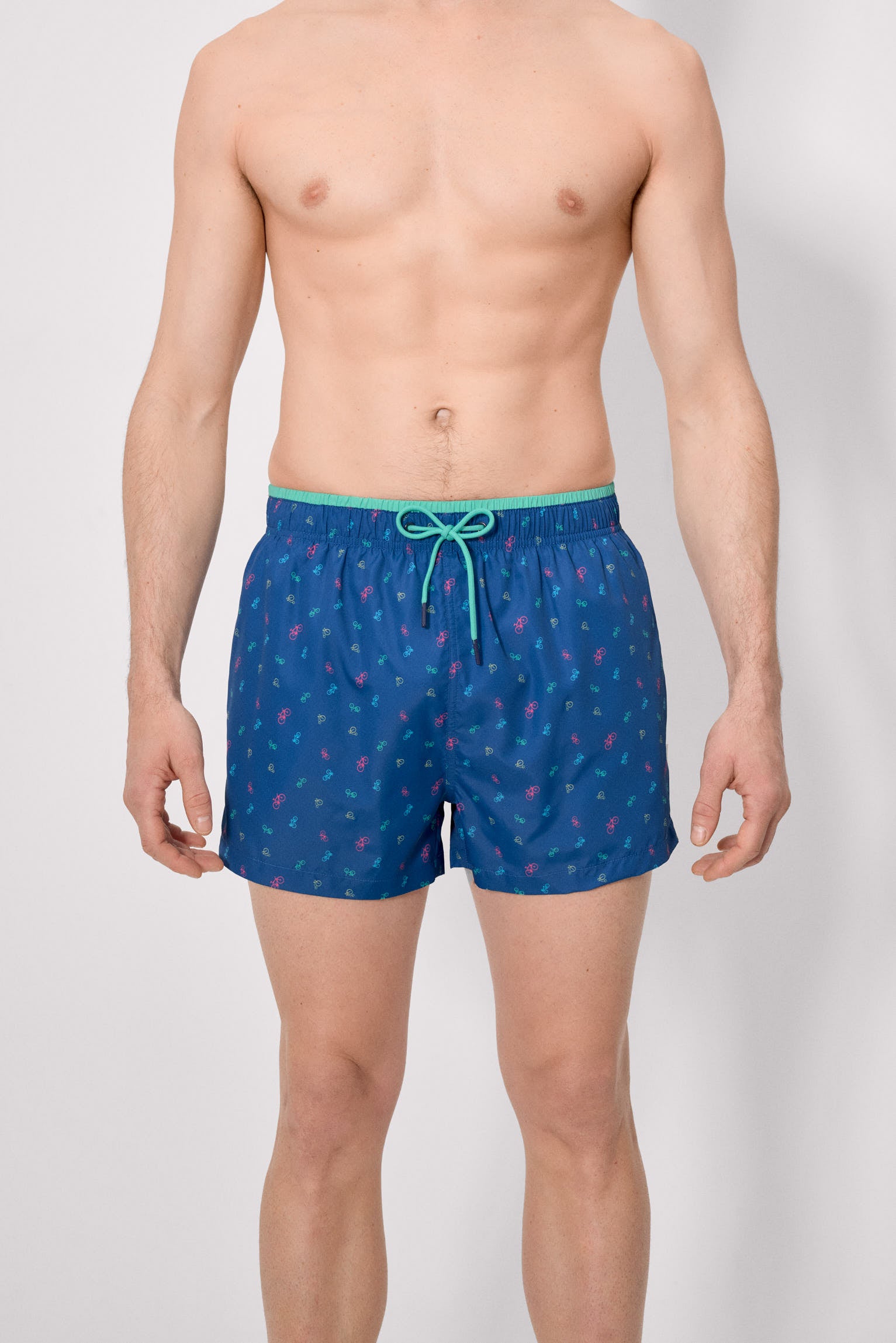 Blue bicycle print swim trunks
