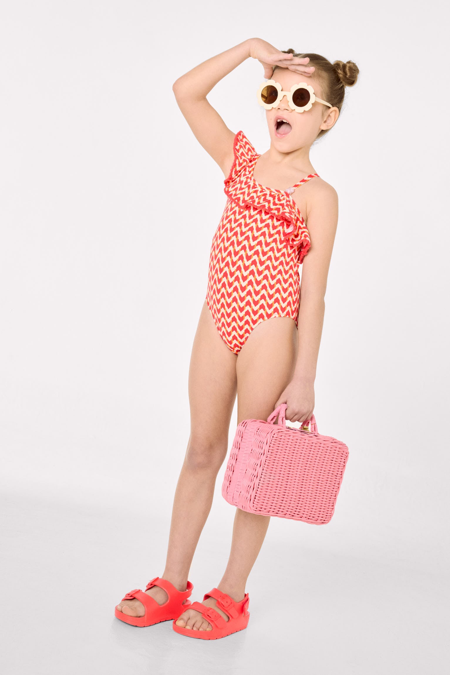 Girls' swimsuit with ruffle details and ethnic print