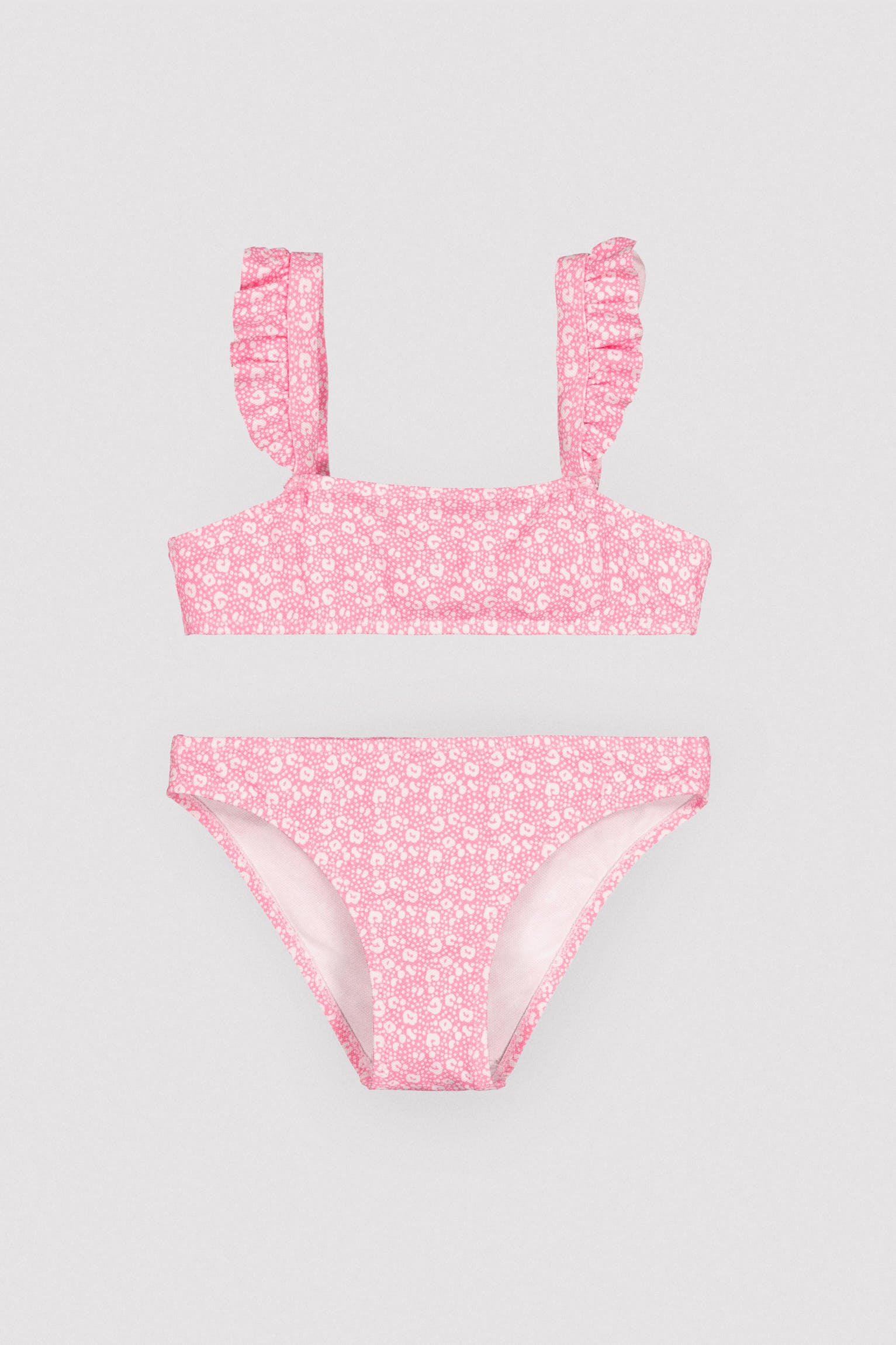 Girls' bikini with ruffle details, pink leopard print