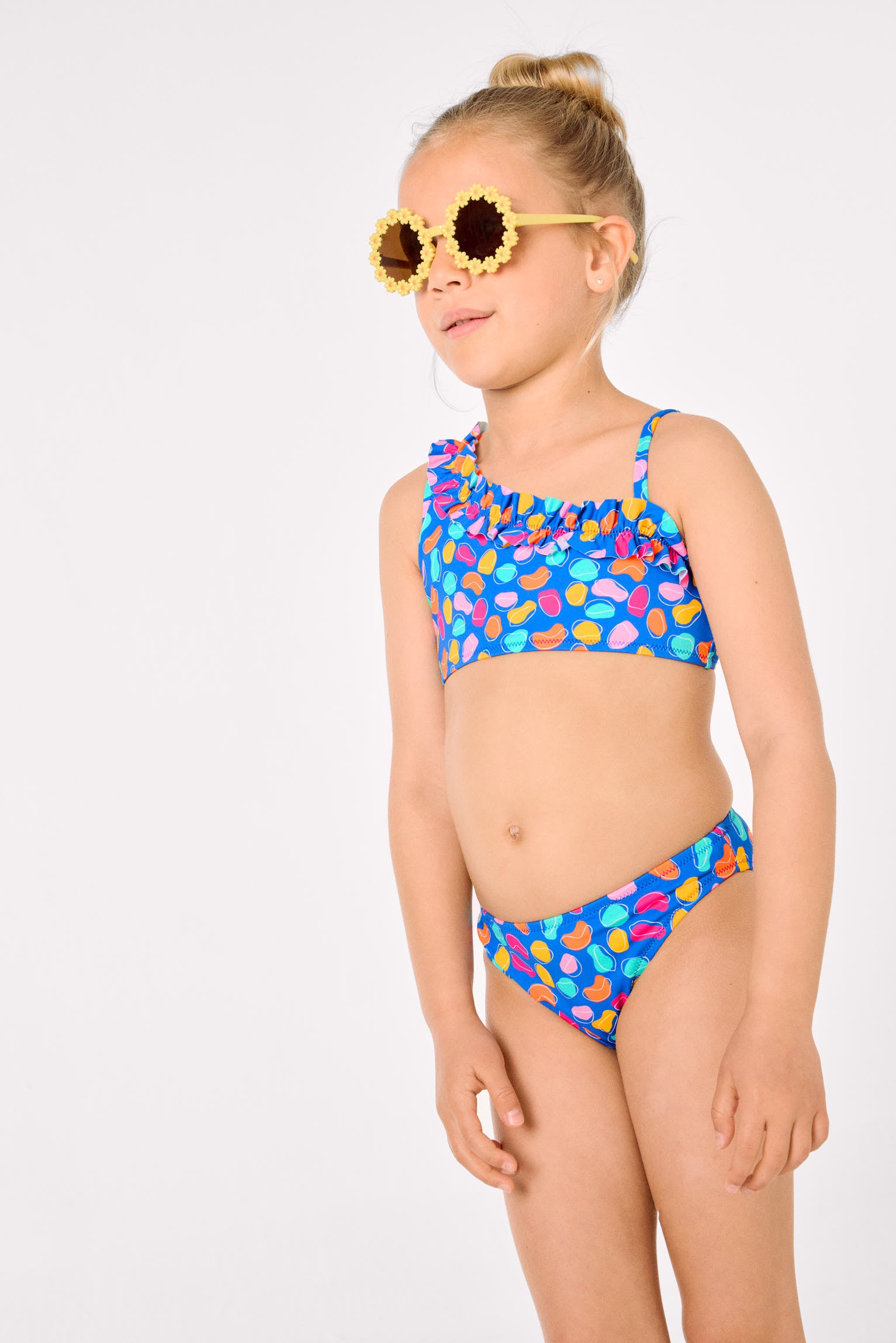 Girls' bikini with ruched detail and multicolored organic shapes print