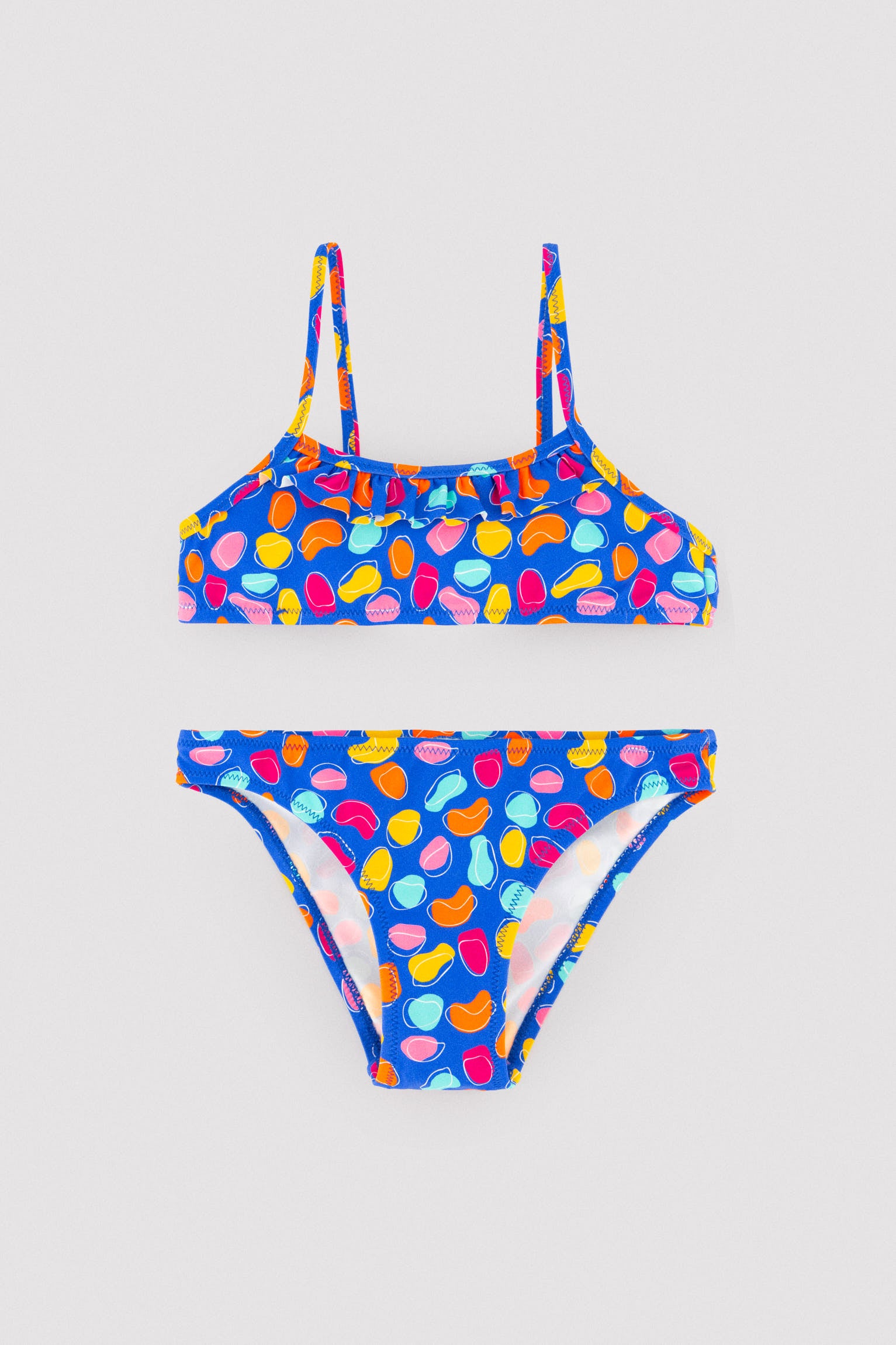Girls' bikini with ruffle detail, multicolored organic shapes print