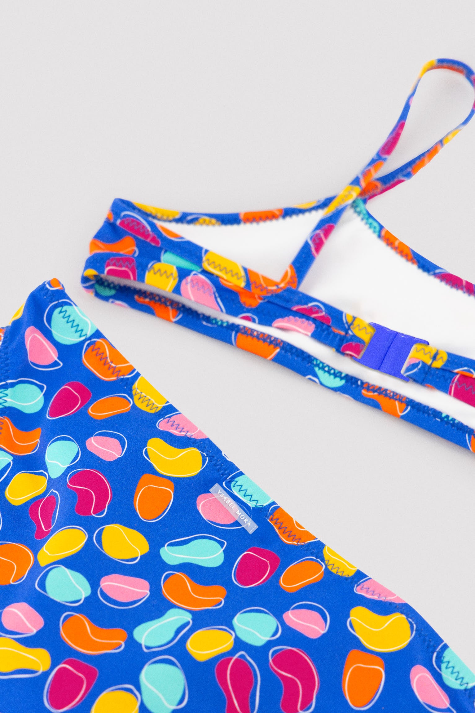 Girls' bikini with ruffle detail, multicolored organic shapes print