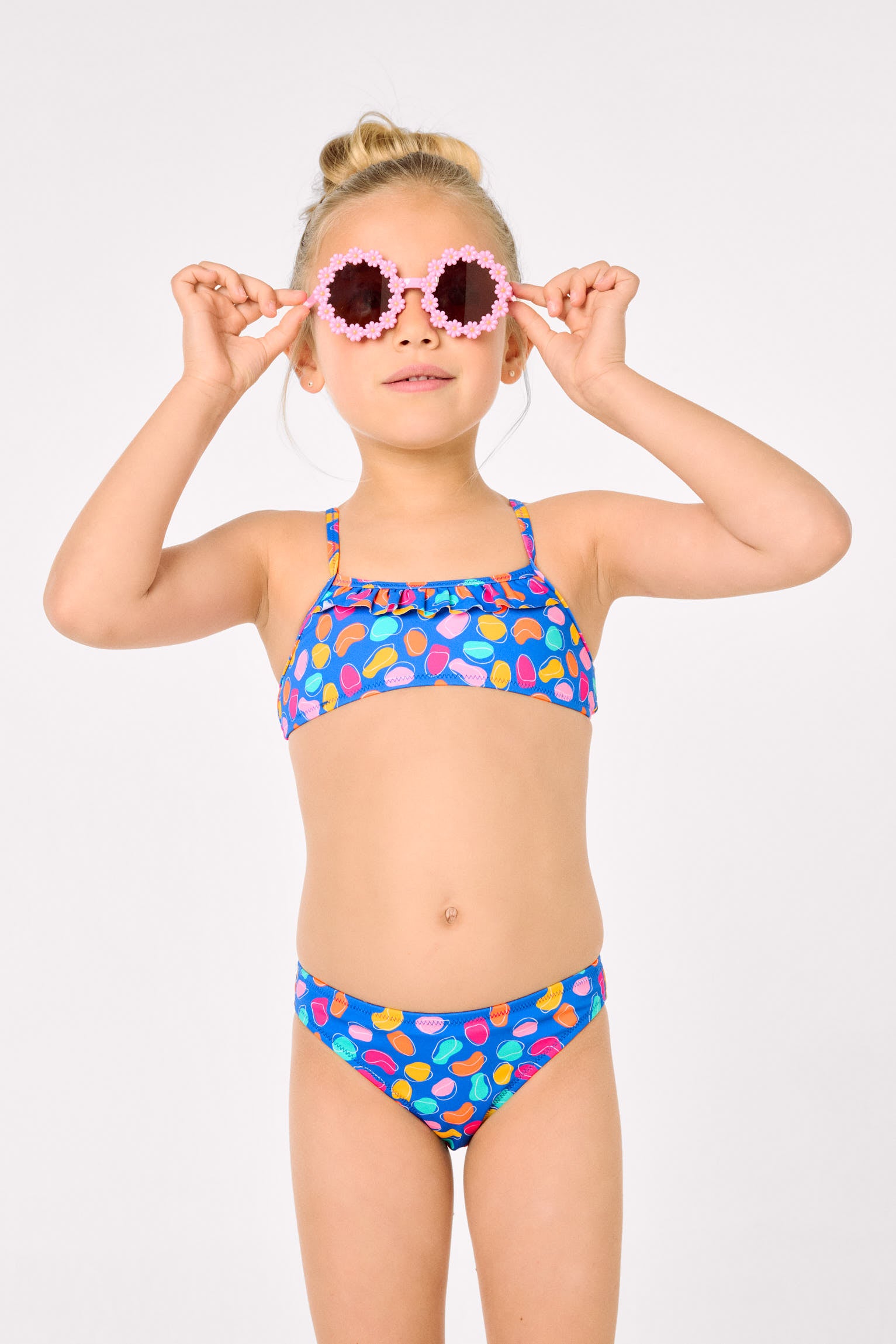 Girls' bikini with ruffle detail, multicolored organic shapes print