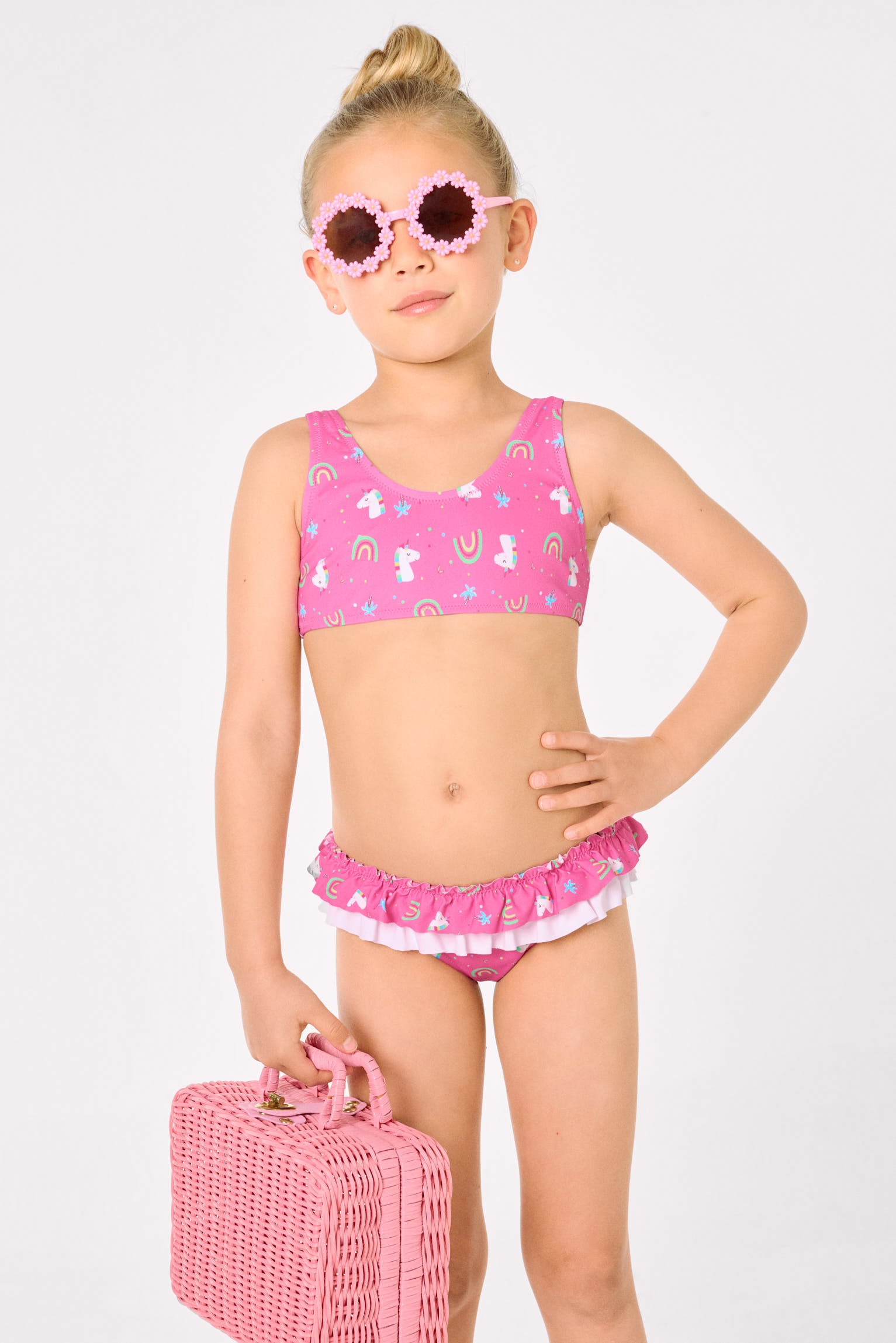 Girls' bikini with ruffle and bow details, unicorn print