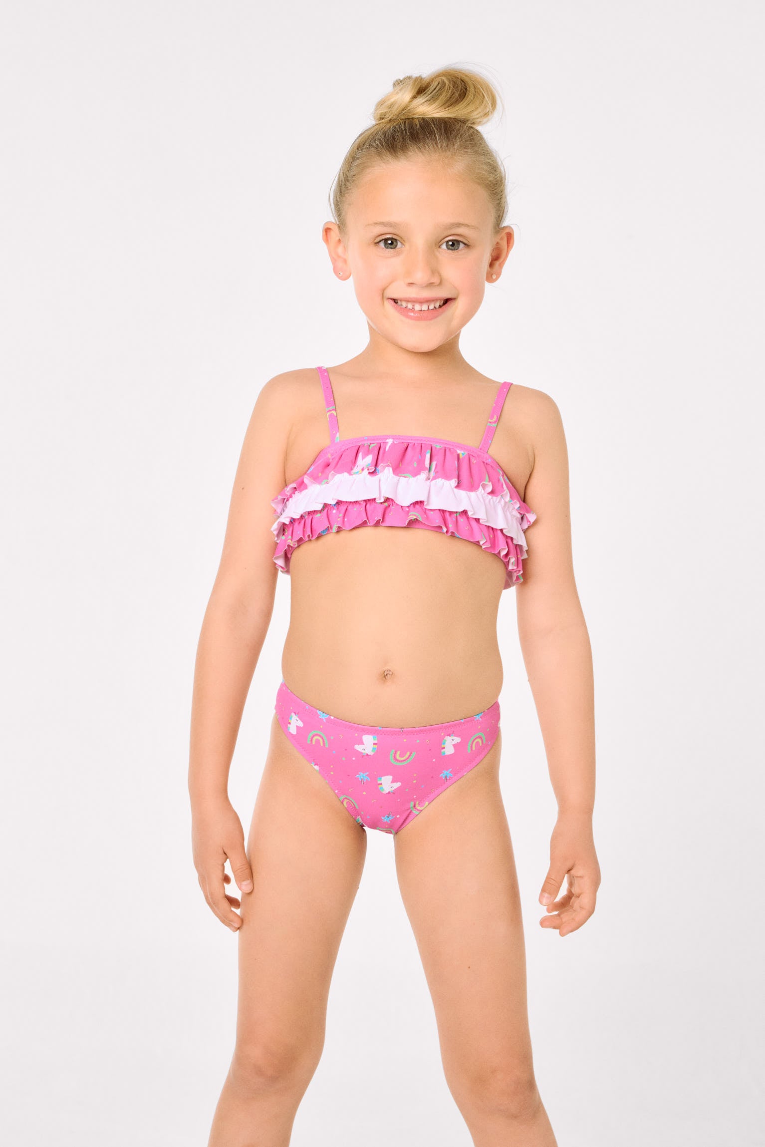 Girls' bikini with unicorn print ruffle detail