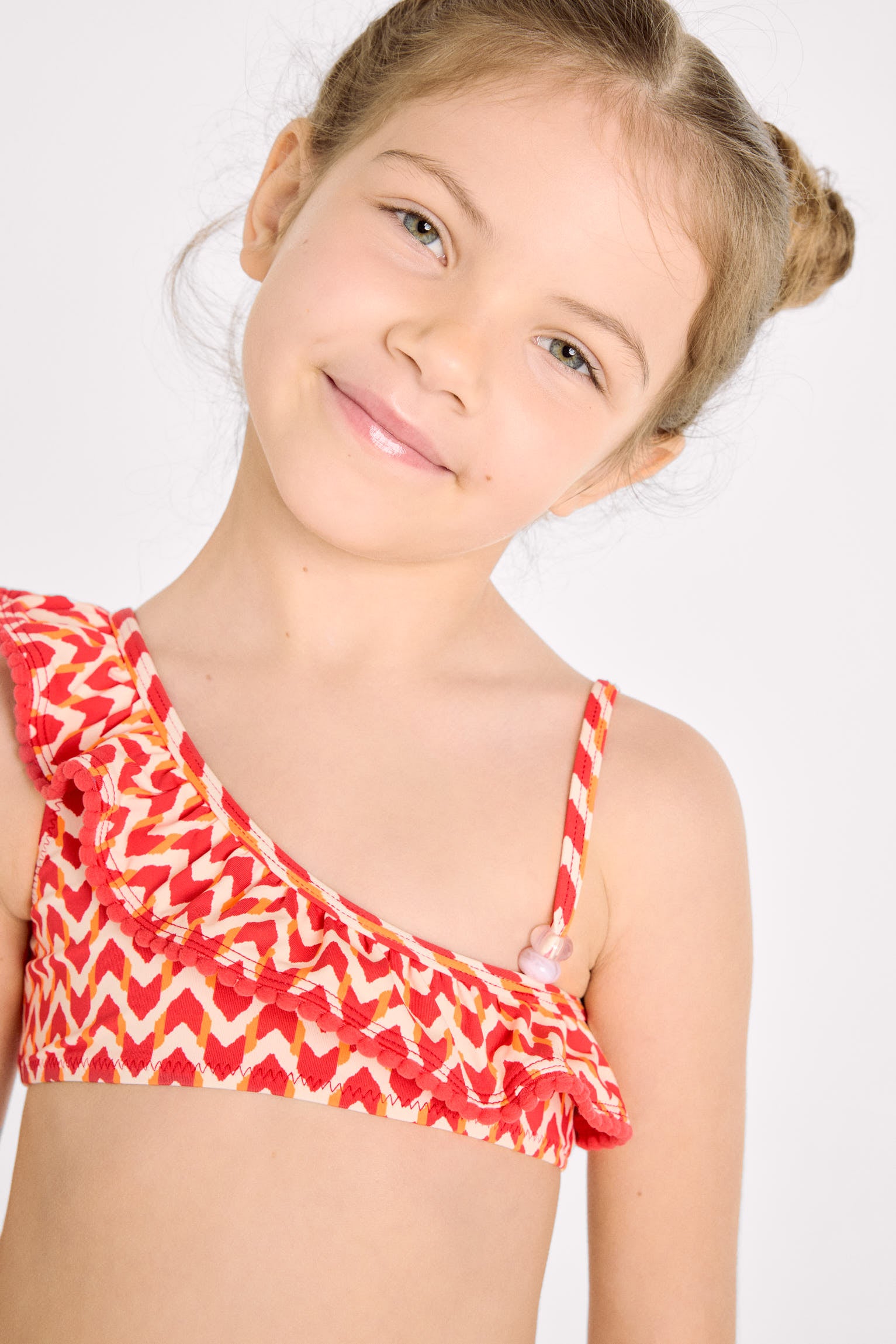 Asymmetrical bikini for girls with ethnic print ruffle detail