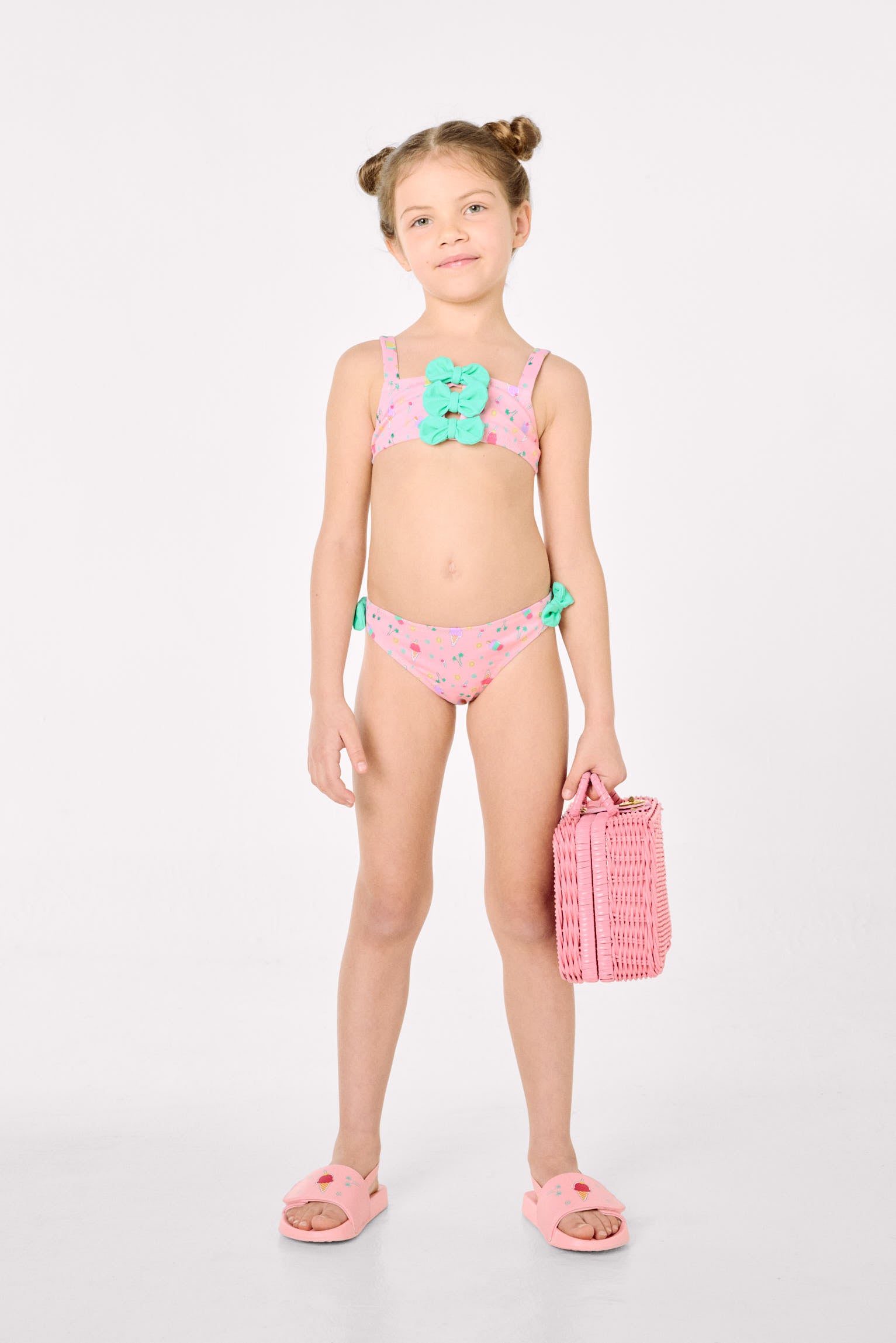 Girls' bikini with bow details and an ice cream summer print