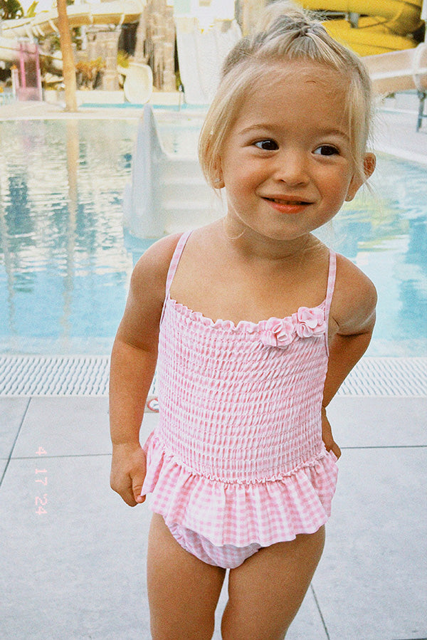 Pink gingham honeycomb baby swimsuit