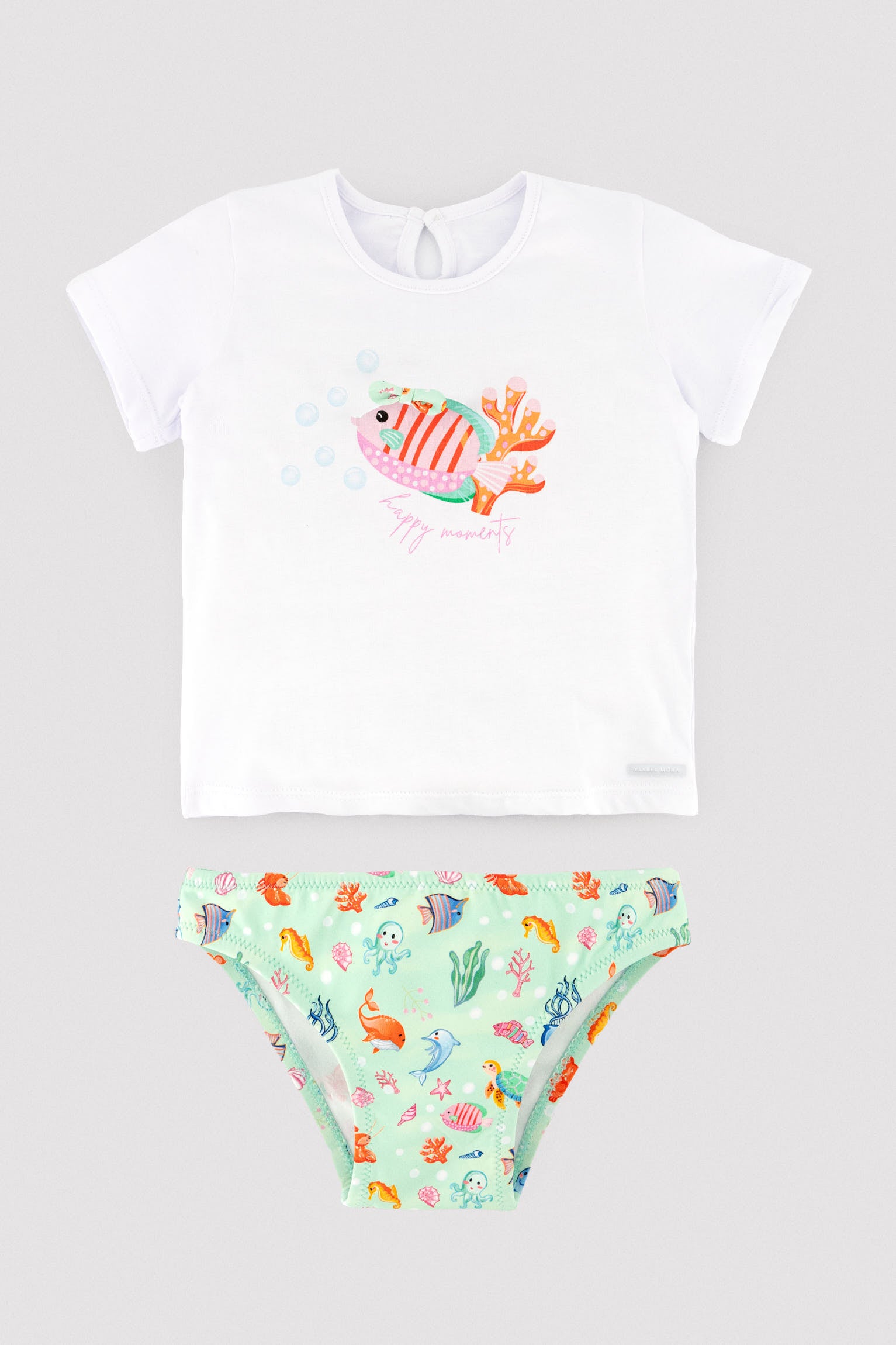 Baby set with t-shirt and bloomers featuring a marine animal print