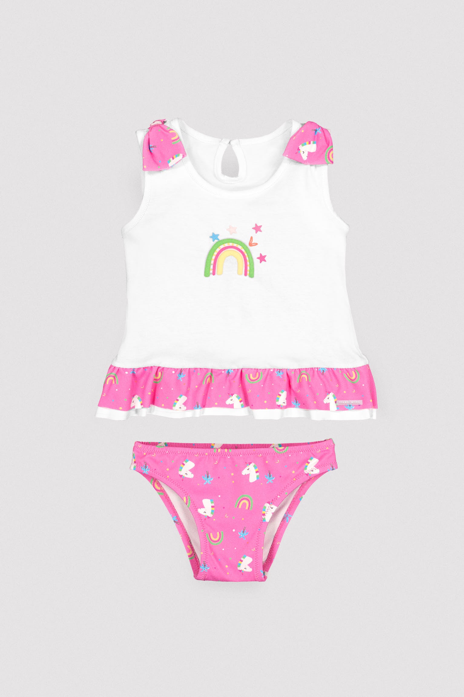 Baby set: t-shirt and bloomers with ruffle and bow details, unicorn print