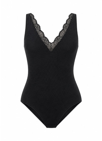 Black strappy bodysuit with lace neckline