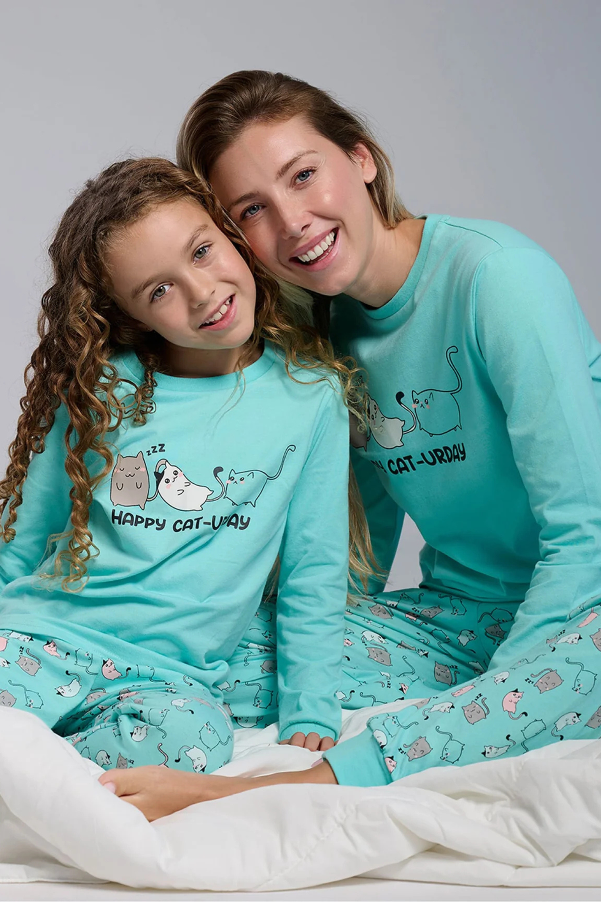 Girls' long cotton Happy cat-urday cat-print pyjamas