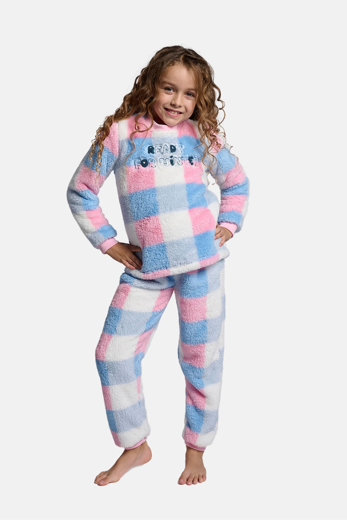 Girls' long sherpa fleece Ready for Winter checked pyjamas