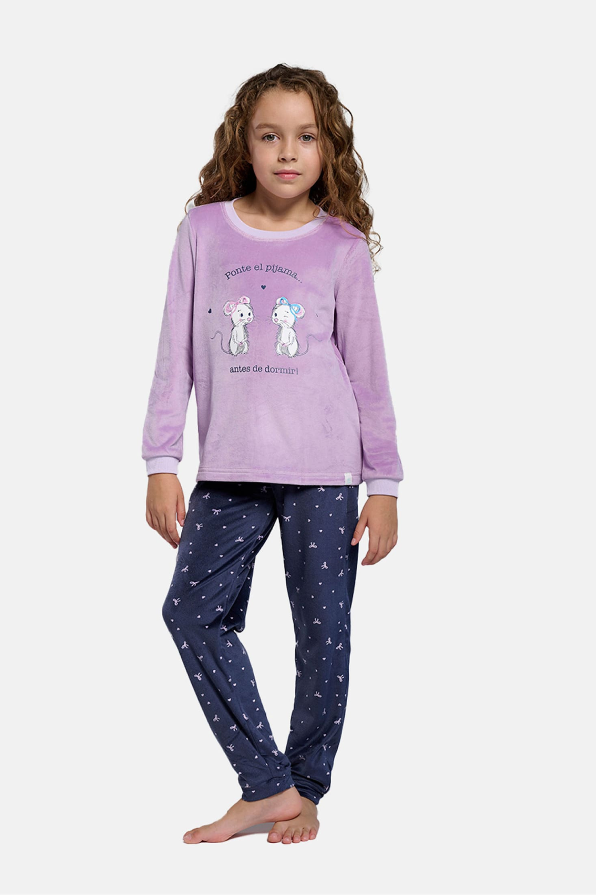 Girls' long velvet mouse-print pyjamas